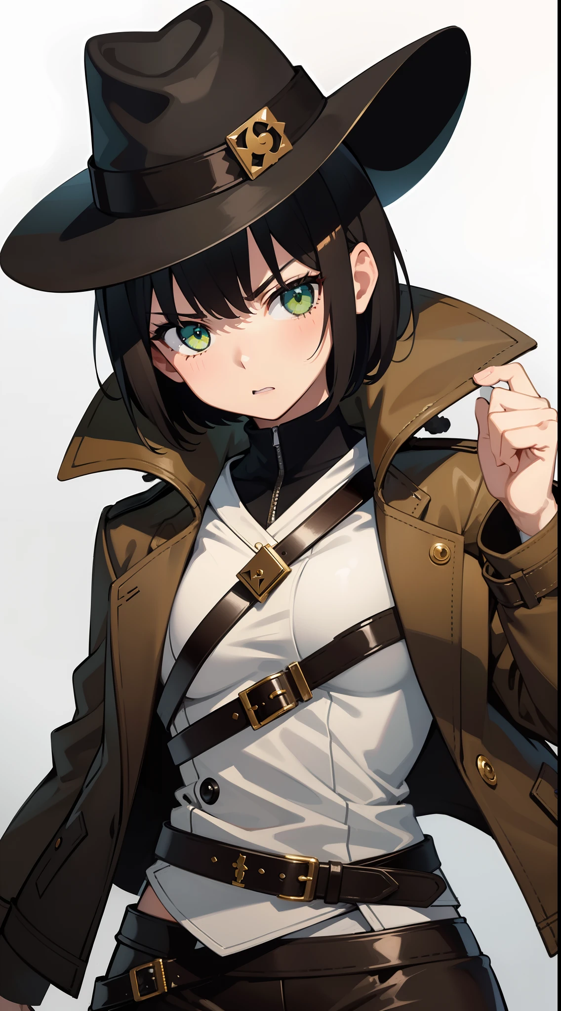 young girl, short black hair, Green eyes, White Mask, brown leather coat, hat, Rorschach, angry, Masterpiece, hiquality