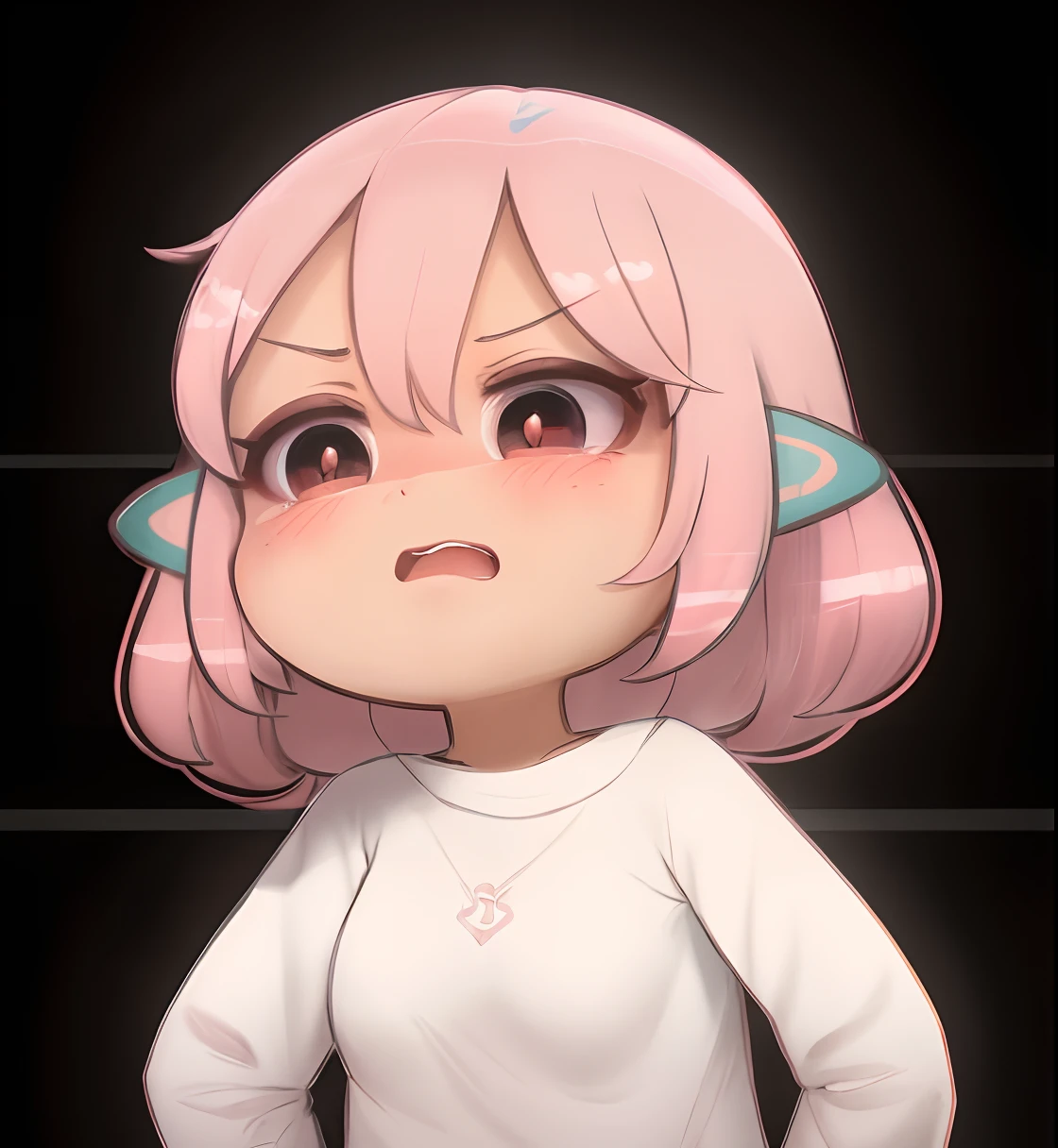 um desenho de uma menina com cabelo rosa e uma camisa preta, ela tem um rosto expressivo bonito, sombreamento estilo anime plano, em estilo anime, anime moe artstyle, orelhas pontiagudas, com orelhas pontudas, cara de anime bonito, ela tem um rosto bonito, menina bonito com cabelo rosa curto, em estilo anime, estilo anime plano, orelhas pontudas