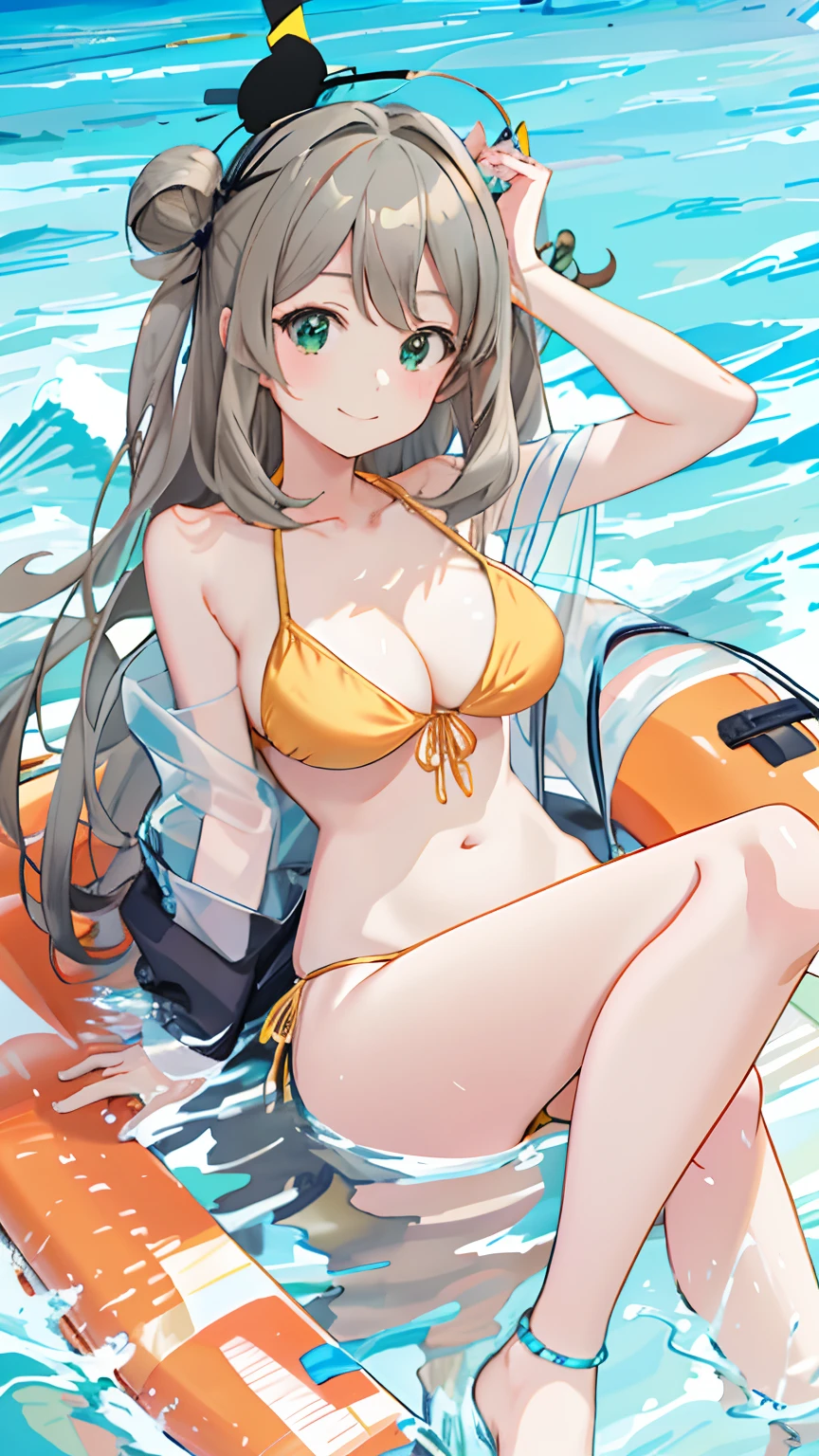 Anime loli in bikini sitting on a raft in the water, swimsuit, Seductive anime loli, at pixiv, Pisif, in a bikini, realistic bikini, Attire: Bikini, in the beach, Have by the sea, bathing suit, Kantai collection style, (Anime girl), in beach, in a bikini, drinking a drink, author：Kentaro Miura