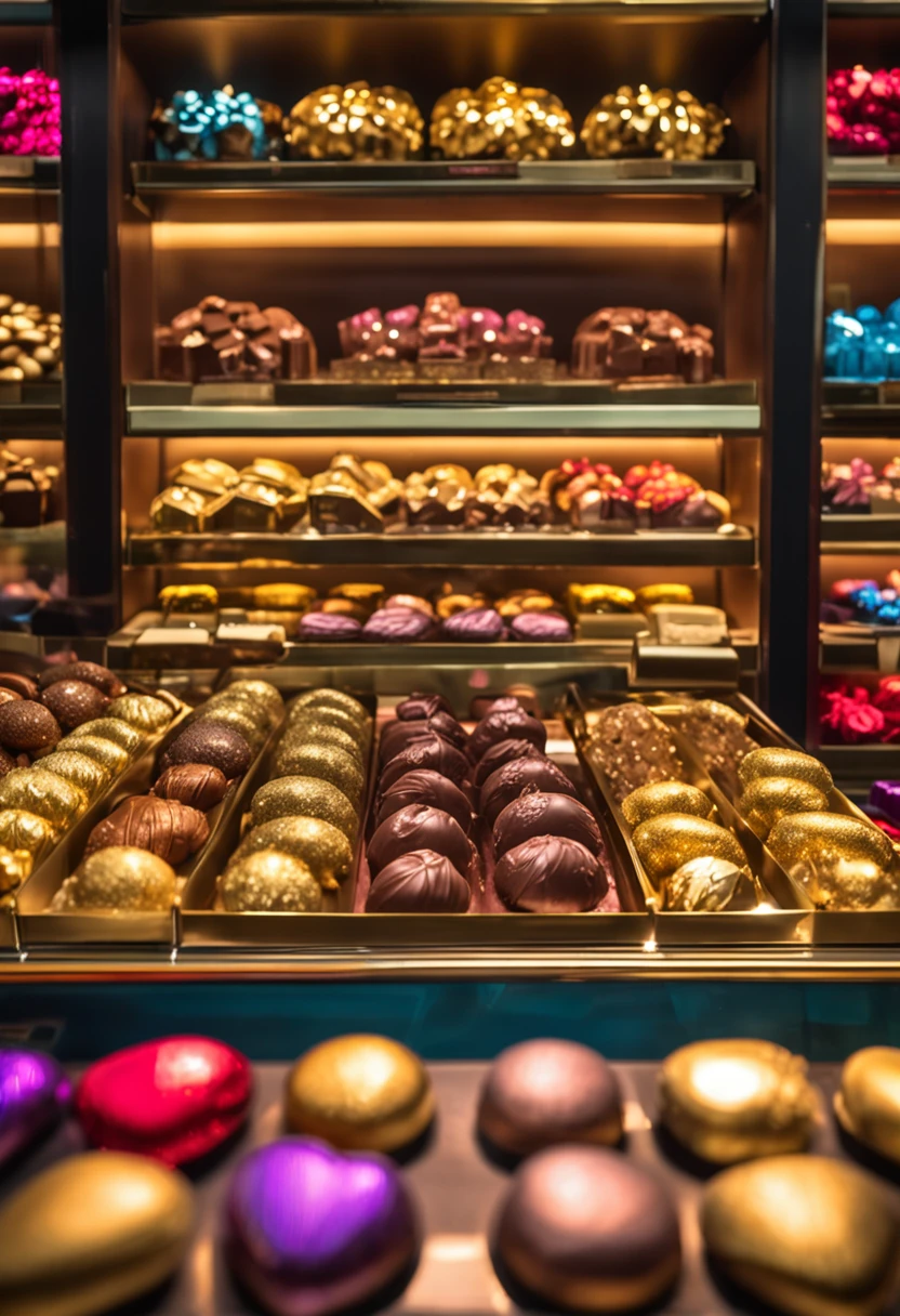 Beautifully designed showcase,A wide variety of chocolates on display,In the center of the showcase is a luxurious gold ornament,Multicolored chocolates,Showcase lighting,A luxurious dish,Circular truffles,Chocolate in the form of elongated bars,Heart-shaped pralines,Different variations