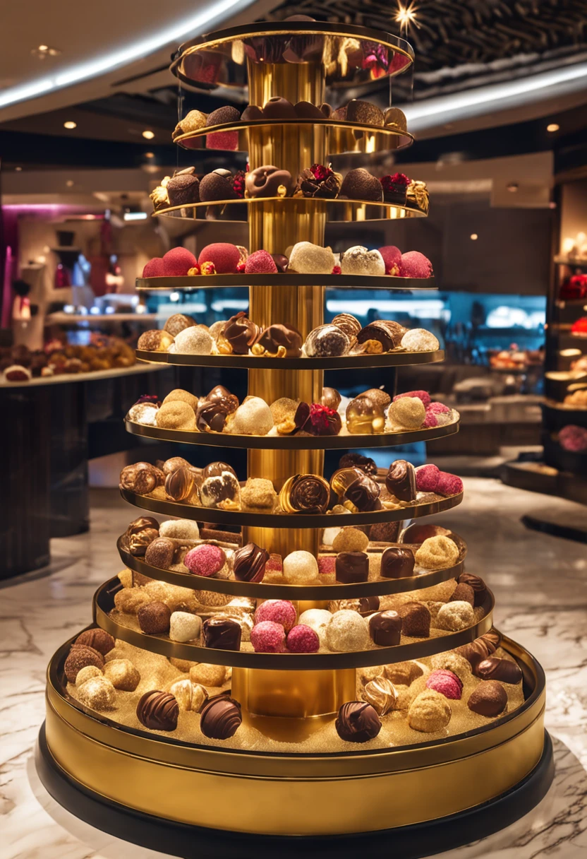 Beautifully designed showcase,A wide variety of chocolates on display,In the center of the showcase is a luxurious gold ornament,Multicolored chocolates,Showcase lighting,A luxurious dish,Circular truffles,Chocolate in the form of elongated bars,Heart-shaped pralines,Different variations