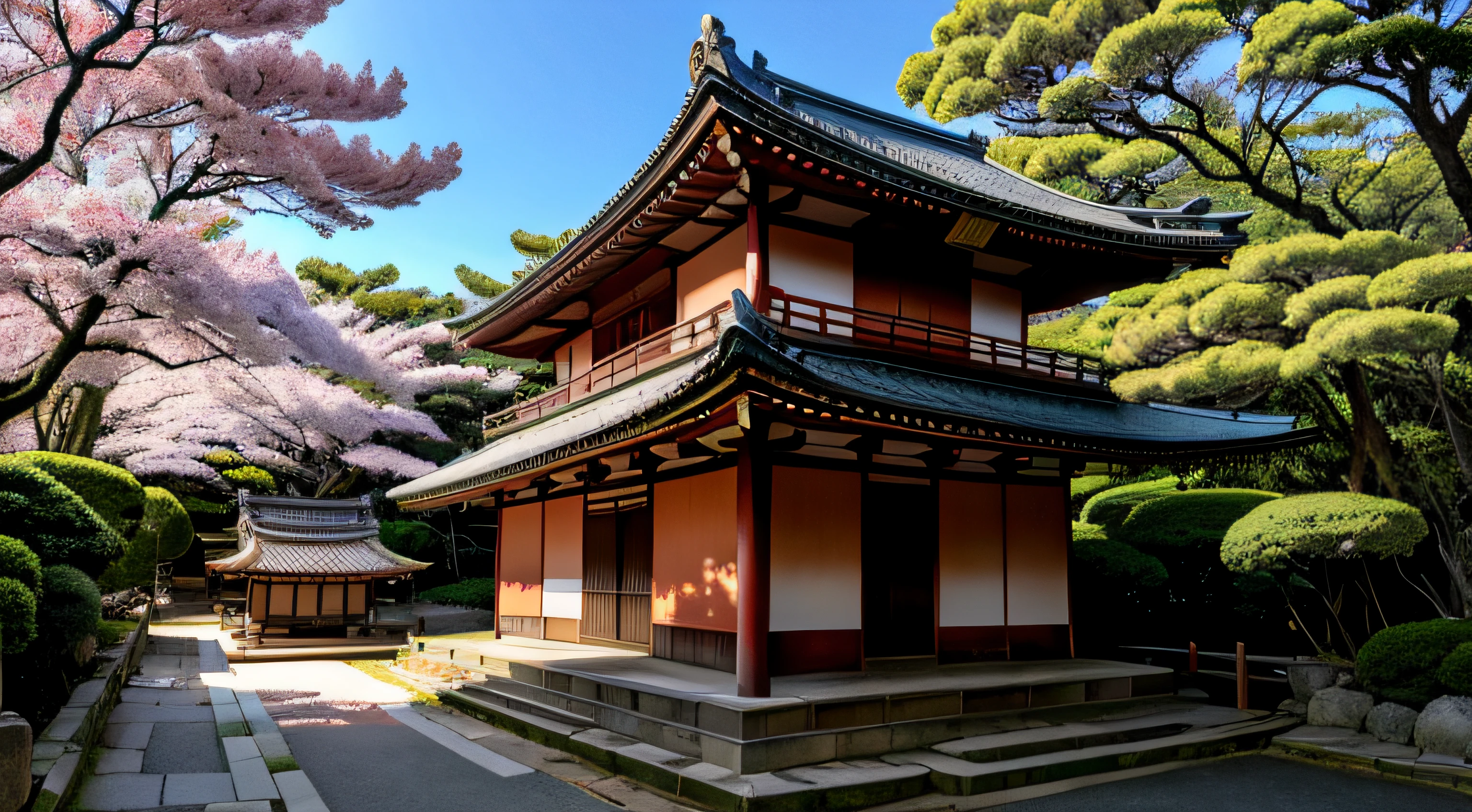 uma paisagem japonesa, com essas entradas de templo, o monte fugi ao fundo e uns tsurus voando como se fossem passaros , realista auta qualidade