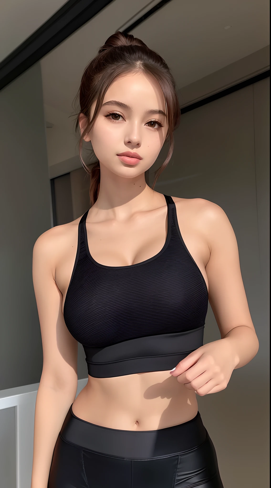 A gorgeous woman in a black sports bra top and black leggings, em forma, Esporte bom, detailed sports bra, Encaixe figura delicada, sport bra and shirt, sports bra, modelo fitness, Photo adjustment, rosto e corpo atraentes, bra black, tanque preto apertado, sport bra and shorts, mulher em forma, Retrato Sophie Mudd, Parte superior do corpo bonita, corpo em forma