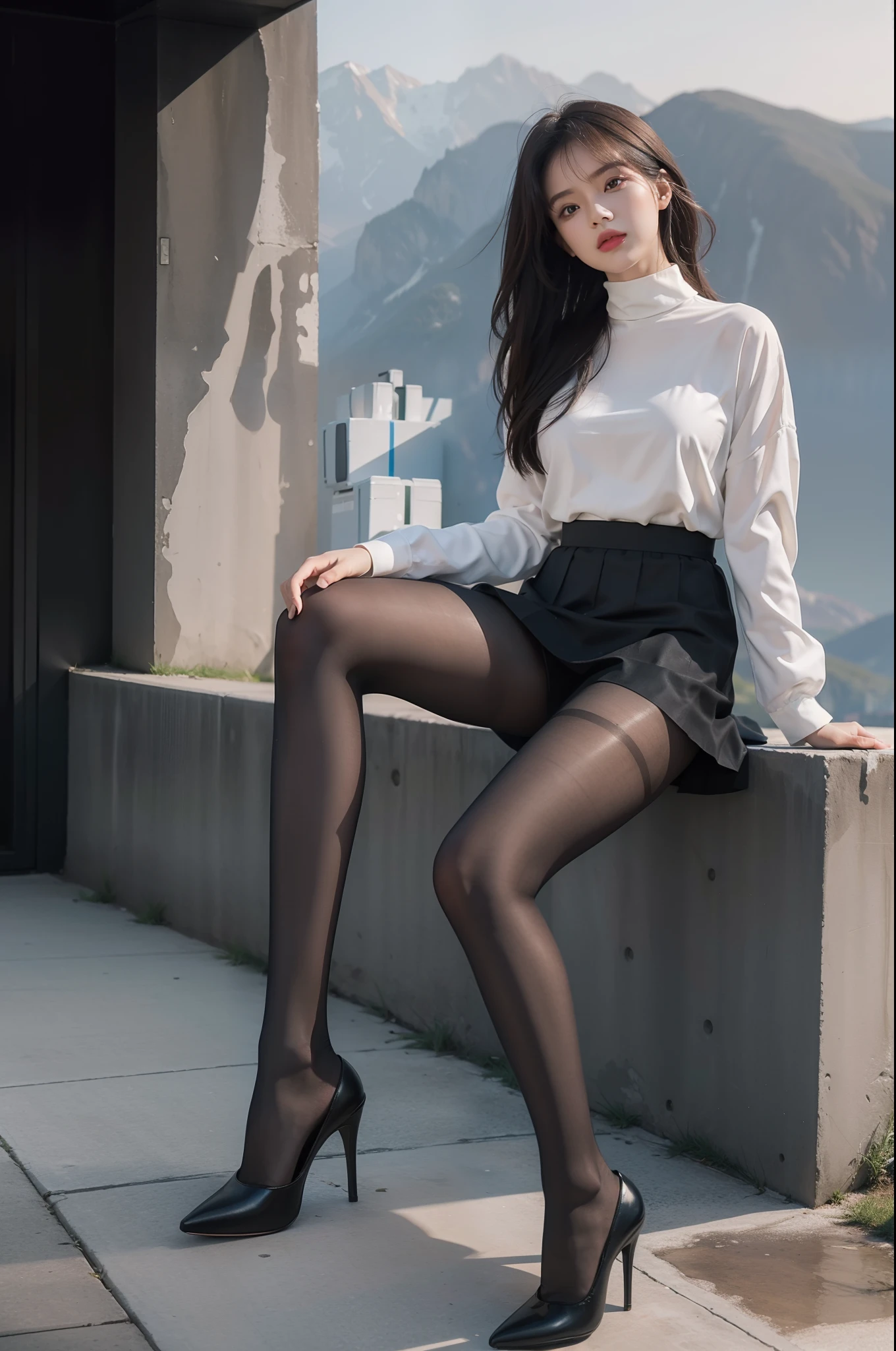 (full body:1.5)，(1girl:1.3),(view the viewer:1.4)，(anatomy correct:1.4),(Opaque pantyhose:1.3),(sitting on the top of mountain:1.2),(Wearing a Halal style skirt:1.2),,( girl pointed thick heels :1.1),(Accurate and perfect face:1.3),(Long legs:1.3),hyper HD, Ray traching, reflective light， structurally correct, Award-Awarded, high detail, lighten shade contrast, Face lighting ，cinematic lighting, masterpiece, super detailing, high quality, high detail, best quality, 16k，High contrast,