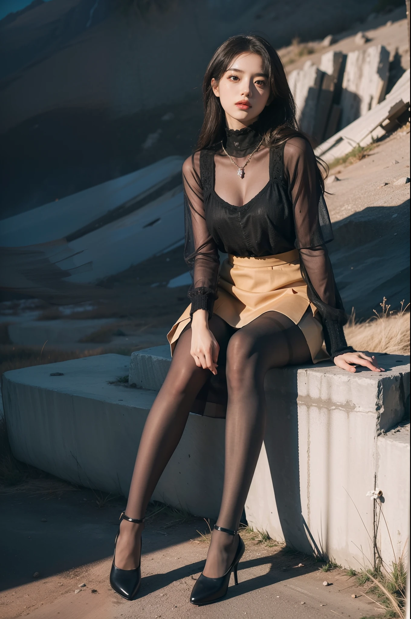 (full body:1.5),(1girl:1.3),(view the viewer:1.4),(anatomy correct:1.4),(Opaque pantyhose:1.3),(sitting on the top of mountain:1.2),(Wearing a Halal style skirt:1.2),,( girl pointed thick heels :1.1),(Accurate and perfect face:1.3),(Long legs:1.3),hyper HD, Ray traching, reflective light, structurally correct, Award-Awarded, high detail, lighten shade contrast, Face lighting ,cinematic lighting, masterpiece, super detailing, high quality, high detail, best quality, 16k,High contrast,