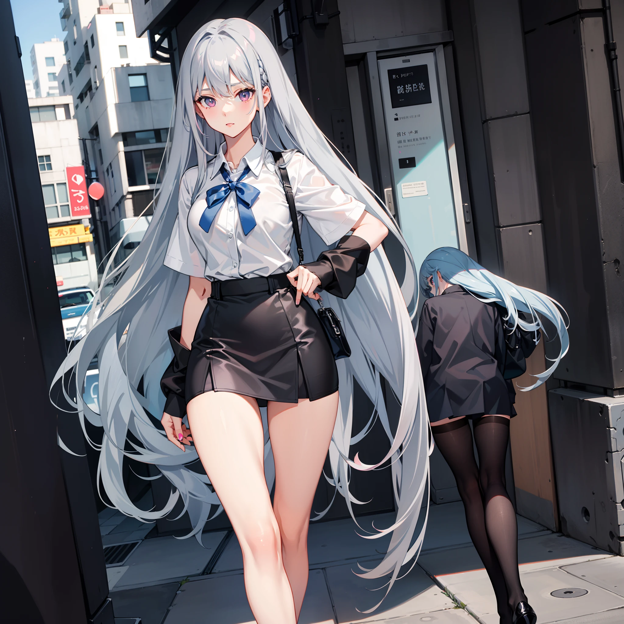 Long gray-blue hair,Pink eyes,having fun,close-up on legs,Long legs,black lence stockings,black short skirt,white short sleeve,The figure is good,In the company