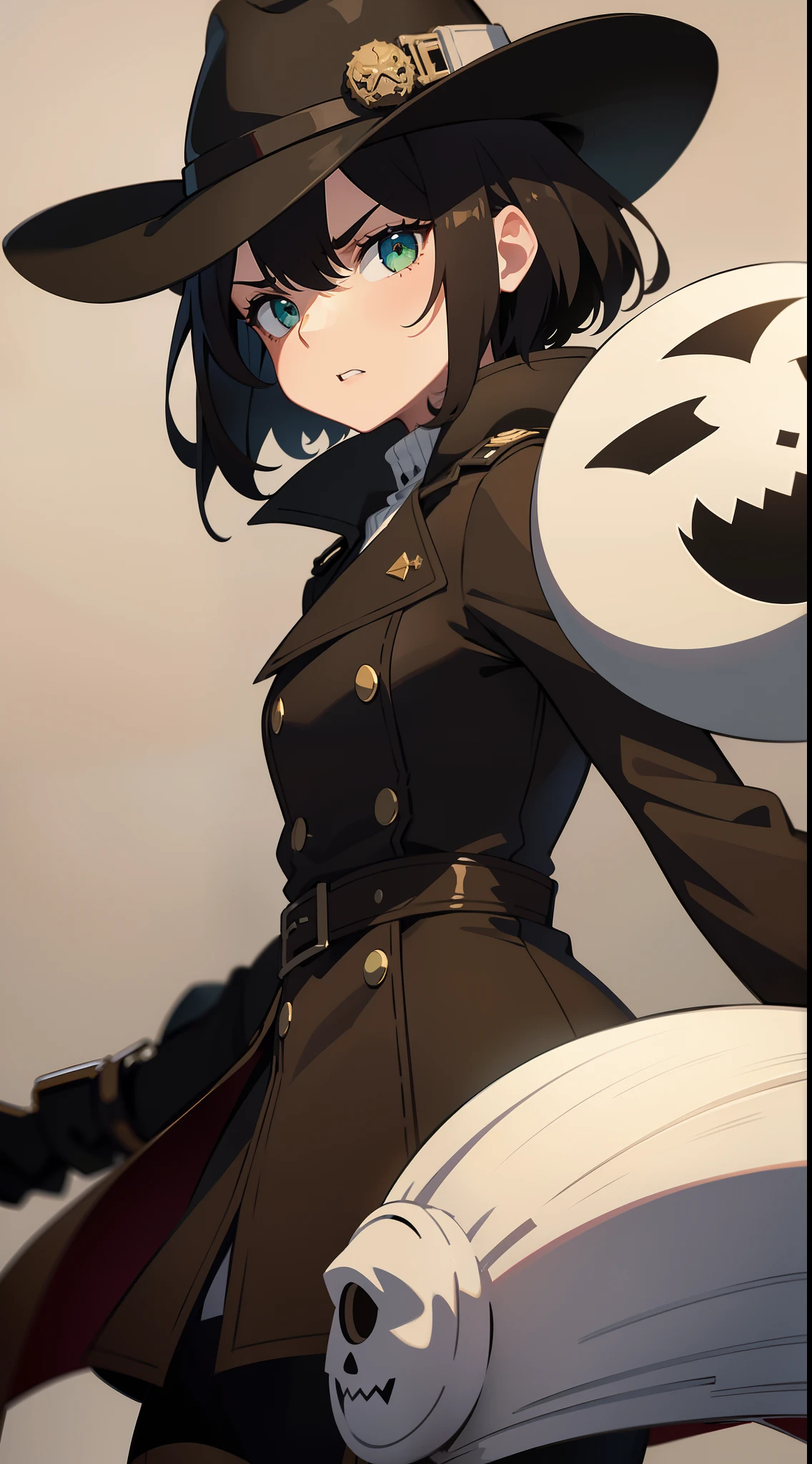 young girl, short black hair, Green eyes, White Mask, brown leather coat, hat, Rorschach, angry, Masterpiece, hiquality