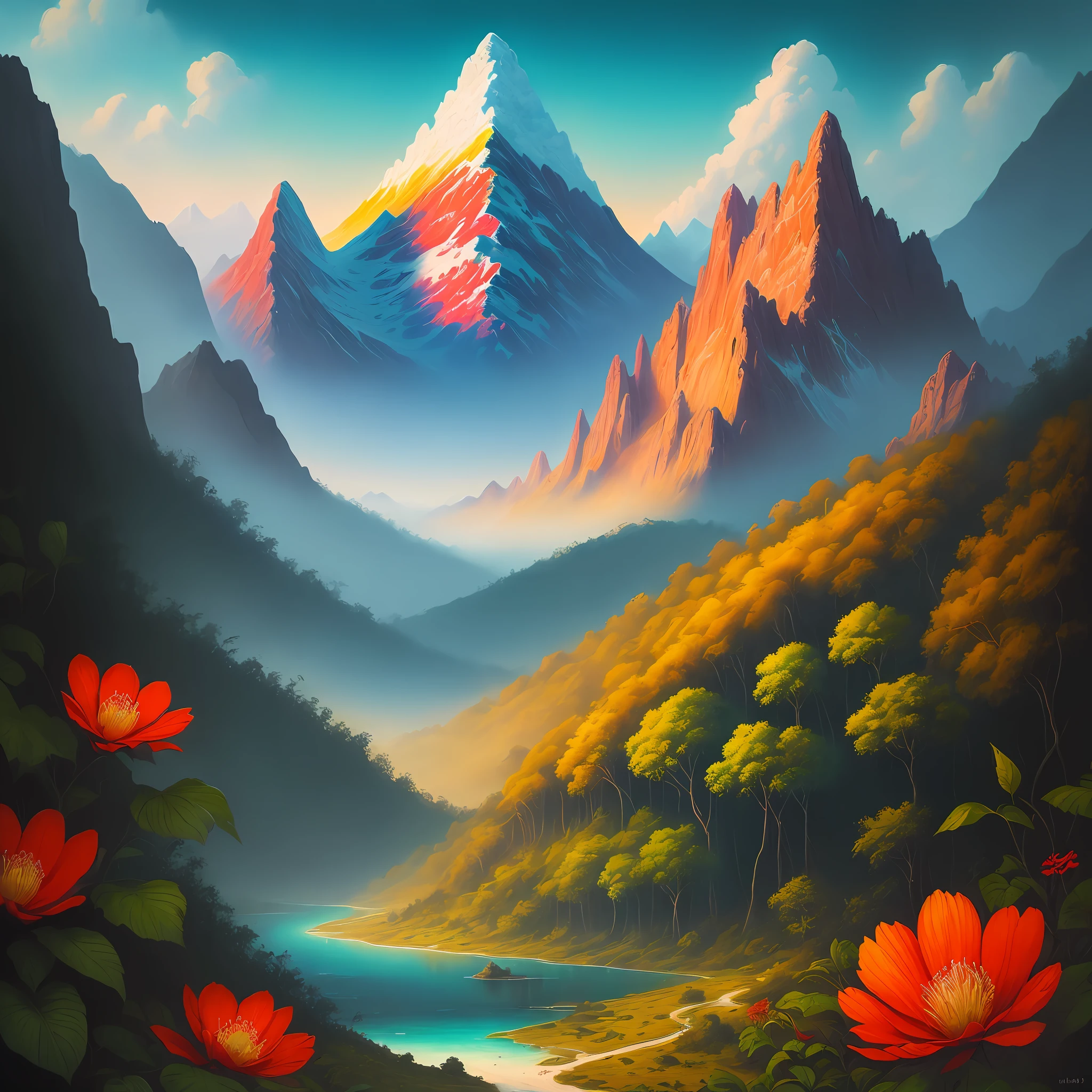 Enchanted jungle , super real colourful painting of surreal mountains and landscape, colourful flowers beautiful, high definition intricate details and oil on canvas in the style of Kingwolf