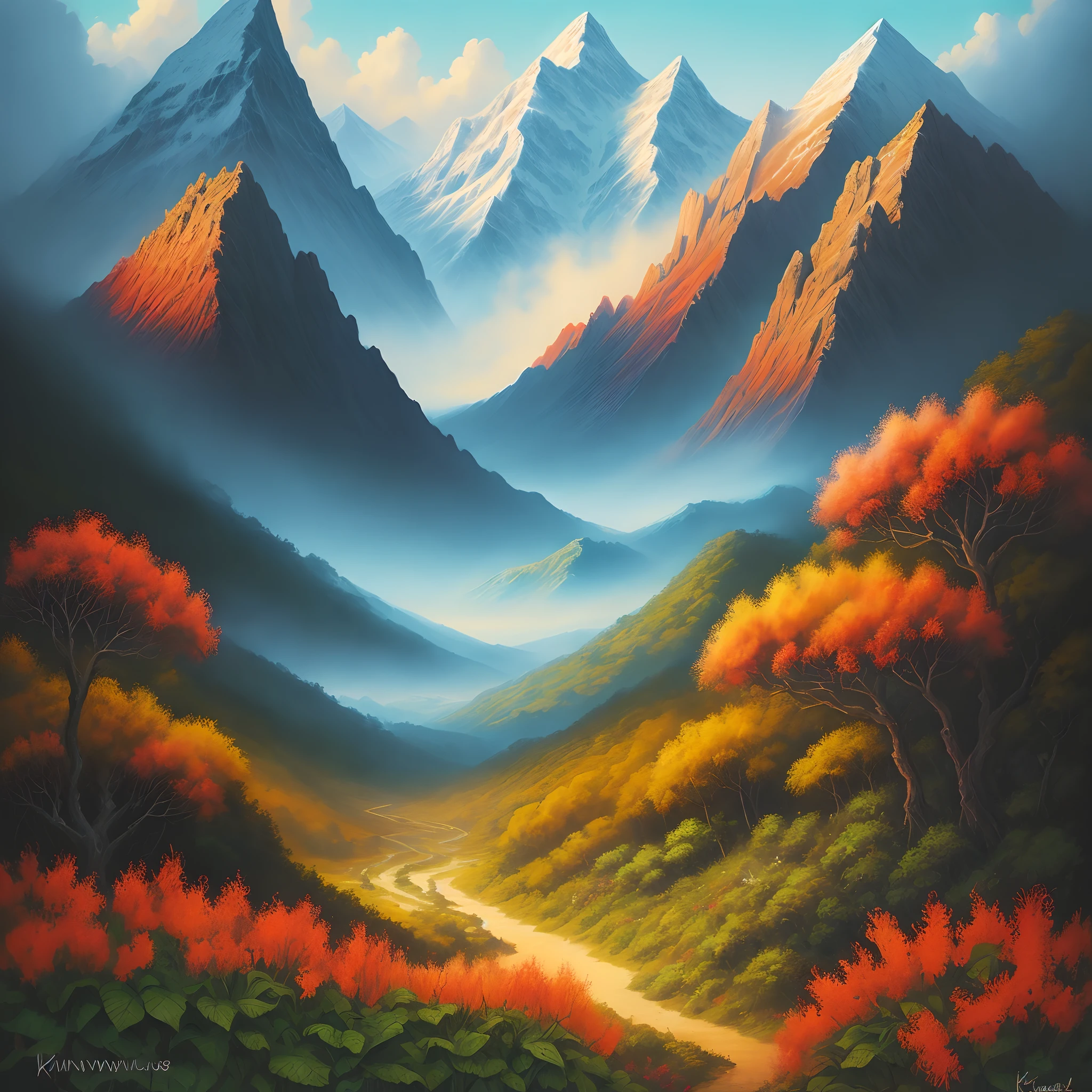 Enchanted jungle , super real colourful painting of surreal mountains and landscape, colourful flowers beautiful, high definition intricate details and oil on canvas in the style of Kingwolf