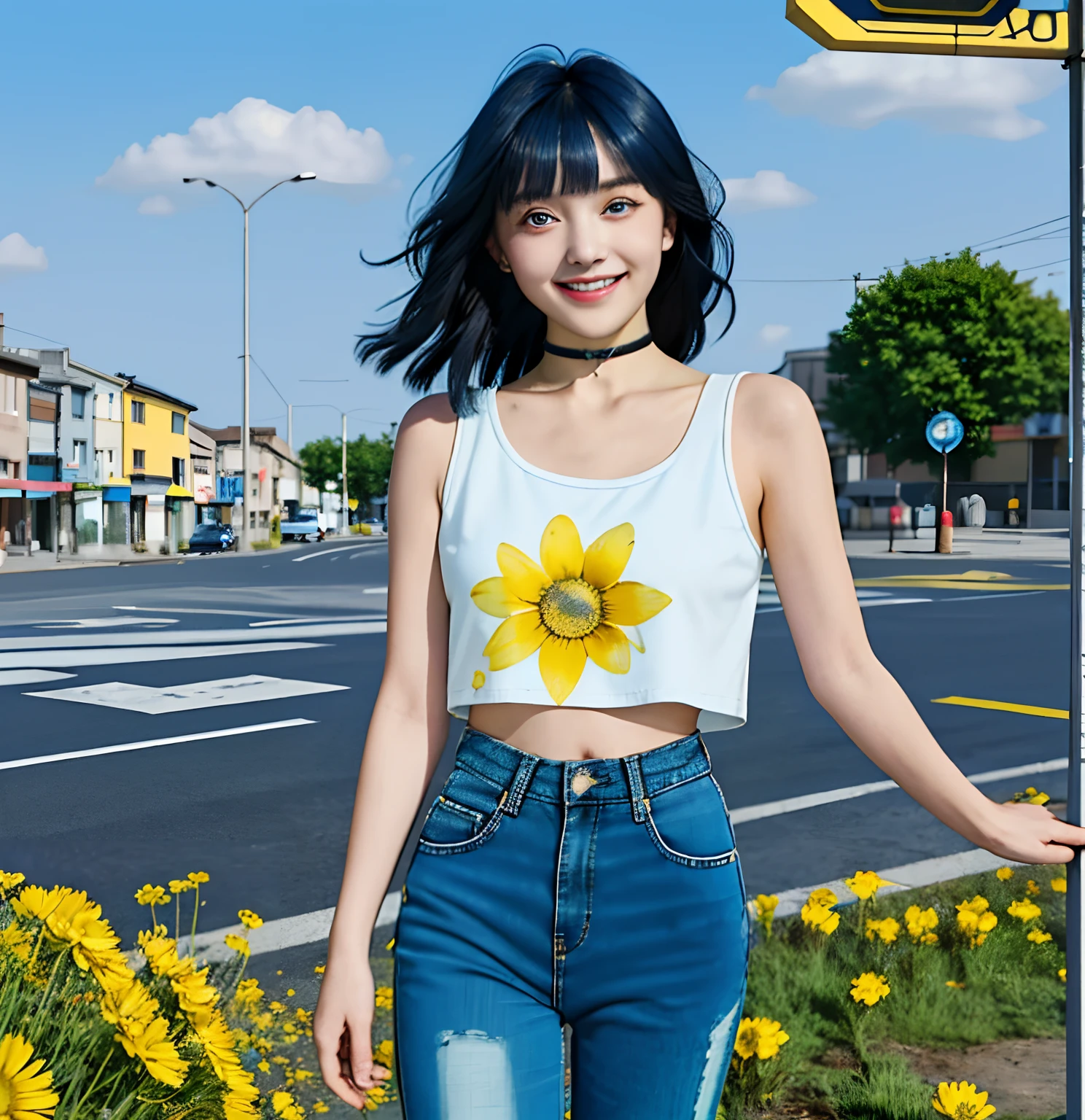 (high-quality, breathtaking),(expressive eyes, perfect face), short, young girl, long dark blue hair, blue eyes, smiling, white crop top, long black pants, choker, urban setting, blue sky, shine, glow, yellow flowers, blunt bangs, himawari uzumaki, long hair.