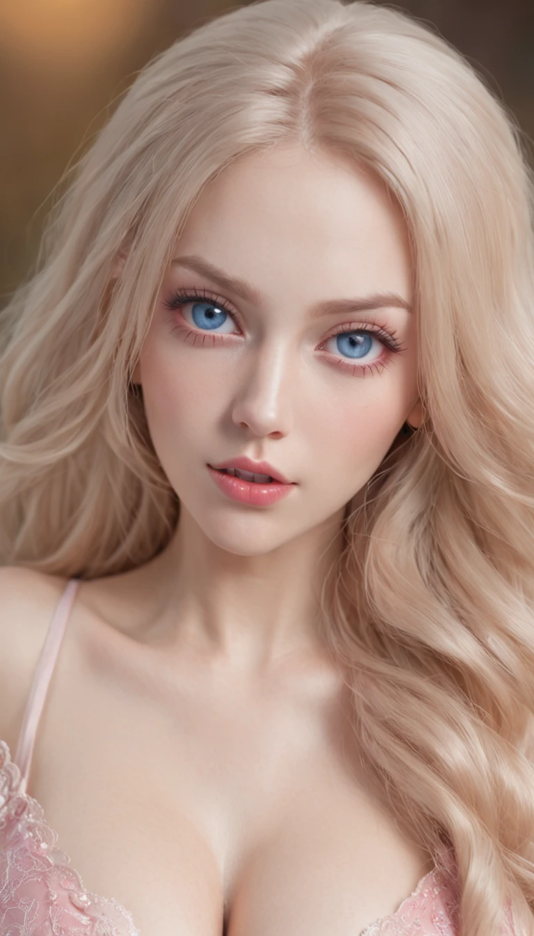 14岁, Beautiful girl with bright blue eyes, shocked expression,Wide eyes, lying on his back, Wearing pink sheer silk, (((Large breasts :1.2 and round breasts:1.2))),8K, RAW photo, Highly detailed skin, exposed, Photography, Masterpiece, Best quality, Gorgeous light blonde long hair, Ultra-detailed face, Detailed blue eyes, ((no close up)), front angle, Yawning, Very wide open mouth, Spread legs, Wet open ,(((Pubic hair))).