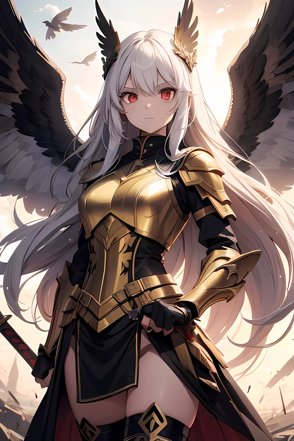 1girl, yellow long hair, red eyes, wearing valkyrie armor, with black wings, flying at the sky, wielding a sword and shield, with aura, high res, ultra sharp, masterpiece