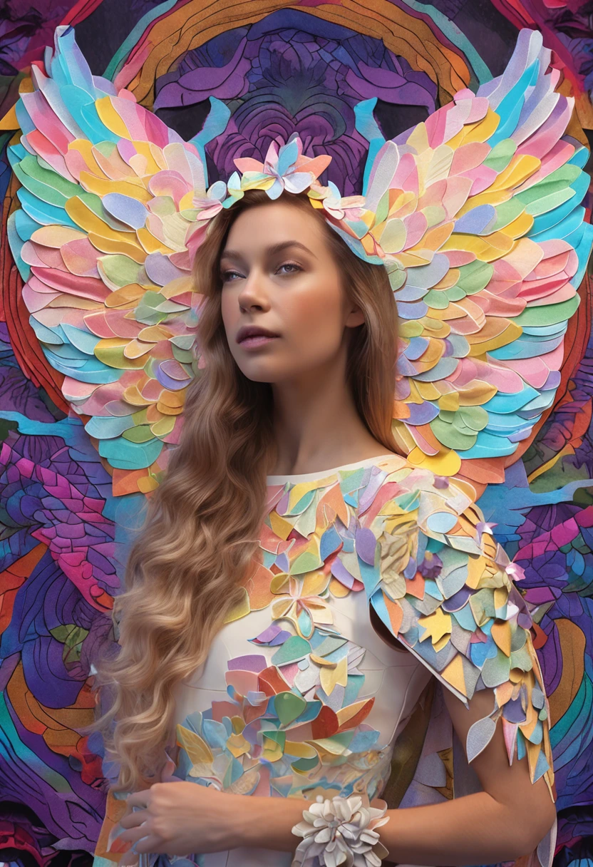 (full body shot of:1.4), White background, (1 Angel Girl,Glowing wings, Halo, Exquisite headdress, Smile), (paper art, Quilted paper art, Geometry), extremely colorful