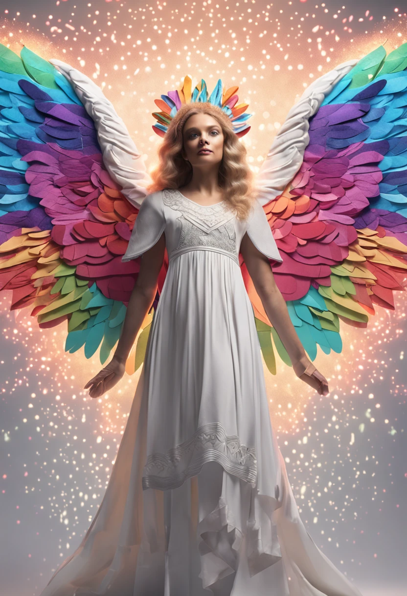 (full body shot of:1.4),  White background, (1 Angel Girl,Glowing wings, Halo, Exquisite headdress, Smile), (paper art, Quilted paper art, Geometry), extremely colorful