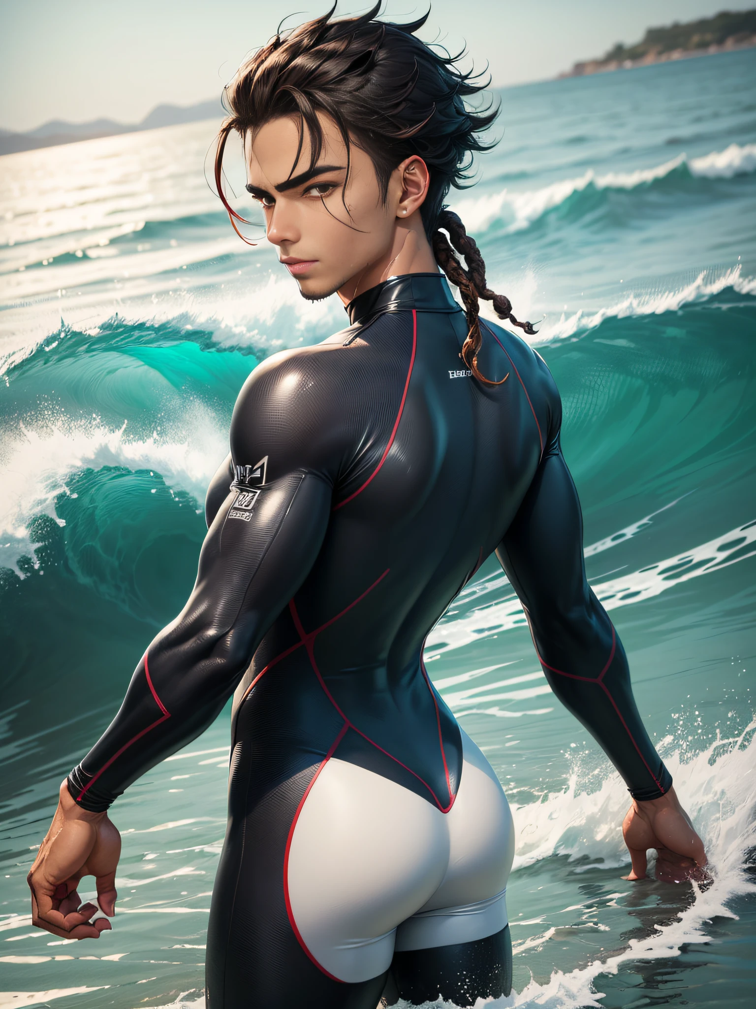 (superfine illustration, Best Quality, Ultra-detailed, anime style:1.5), (African male, tanned, wet:1.3), (male focus, solo, looking back, Perfect fingers, Perfect hands, male body:1.5), 25 years old, joyful. smile, (male surfsuit:1.3), seaside as background, from above, dreadlock, male hair, messy hair, no sidelock, hair pulled back, male face, male eyebrows, sharp eyes, sharp nose, forehead, dynamic angle,
