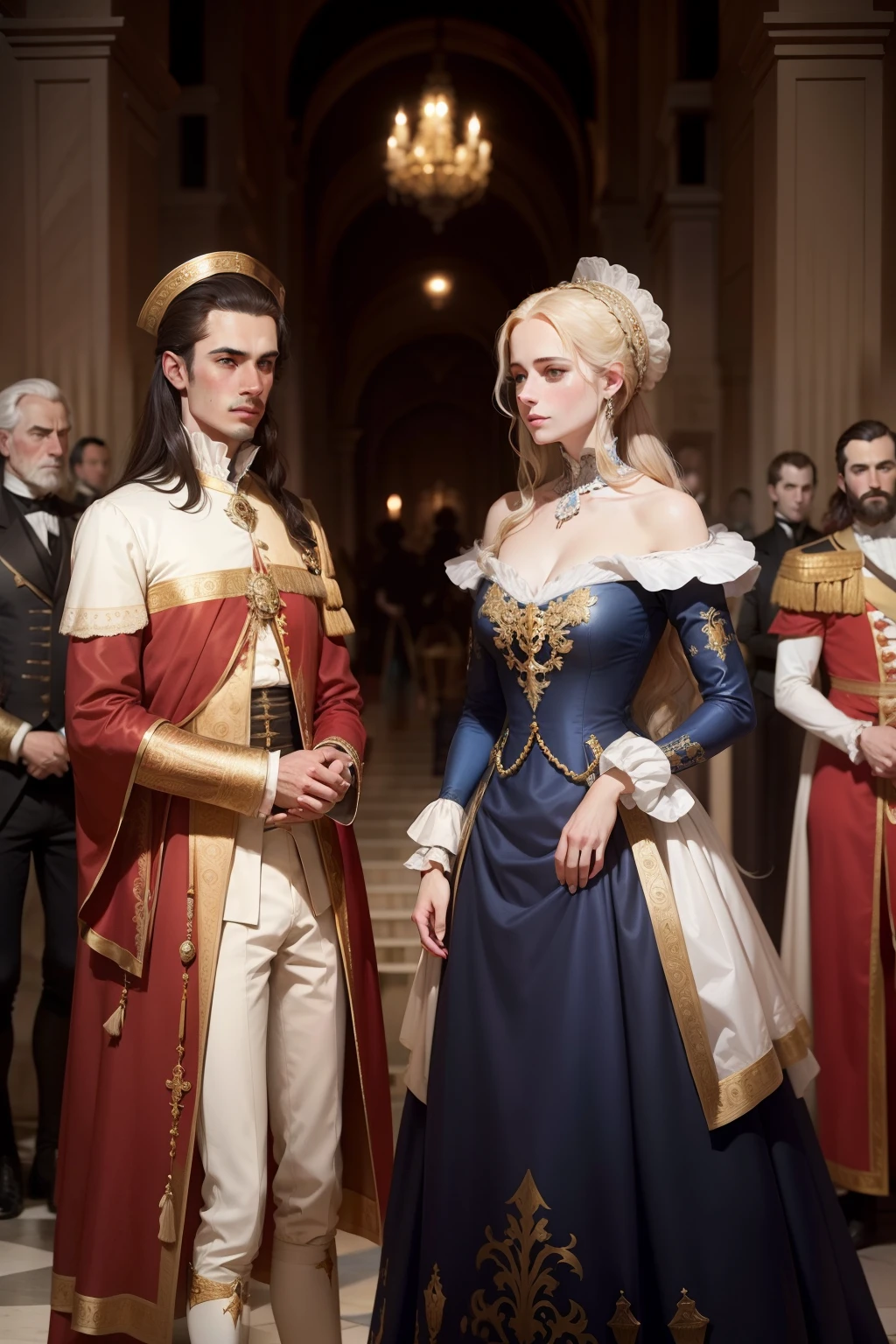 Red-haired king with black eyes and his blonde-haired, blue-eyed fiancée