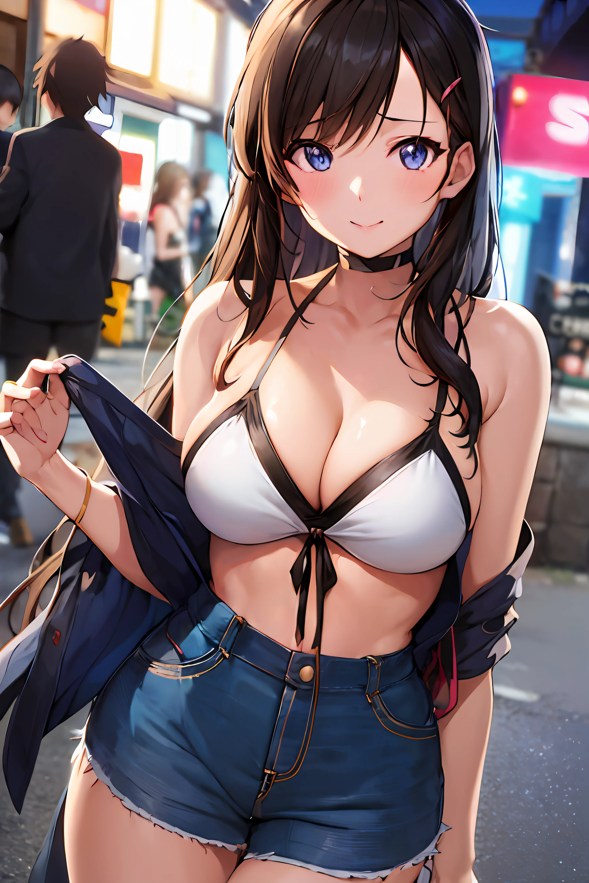 anime girl in a bikini top and shorts standing on a street, seductive anime girl, attractive anime girl, oppai, anime moe artstyle, beautiful anime girl, smooth anime cg art, pretty anime girl, anime girl, | fine detail anime, ilya kuvshinov with long hair, beautiful alluring anime woman, cute anime girl, revealing clothes
