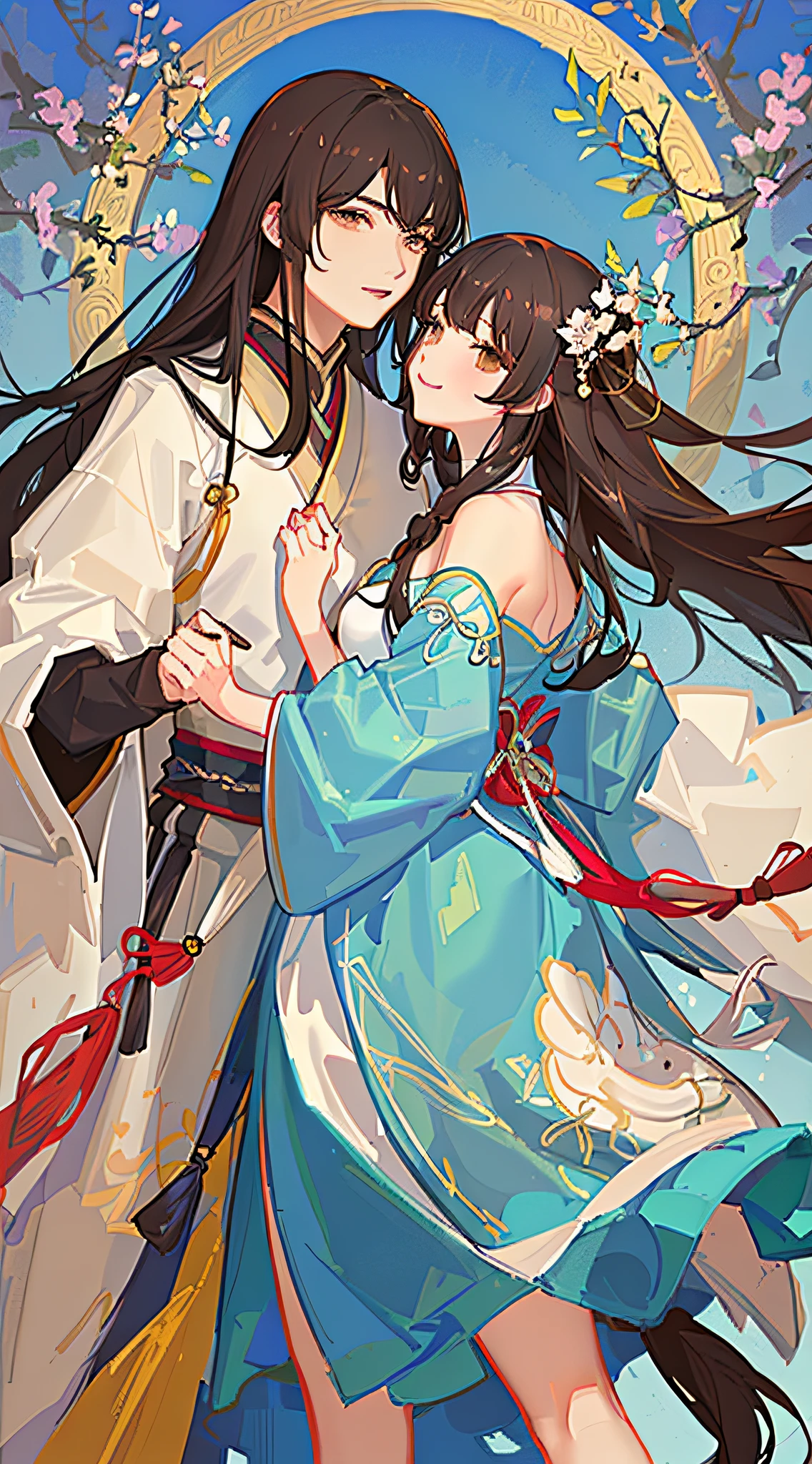 Kizi,full bodyesbian,(Face details:1.2),tmasterpiece,Fashionab,Hanfu,,mid hair,brunette color hair,dual horsetail,Qi bangs,Brown eyes,16k
