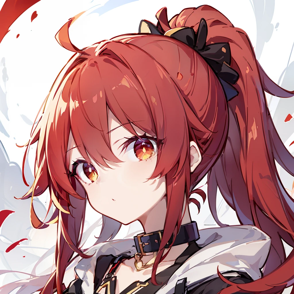 Red high ponytail,Black-red punk jack,1girll,火焰,(Golden eyes),Cold,Collar