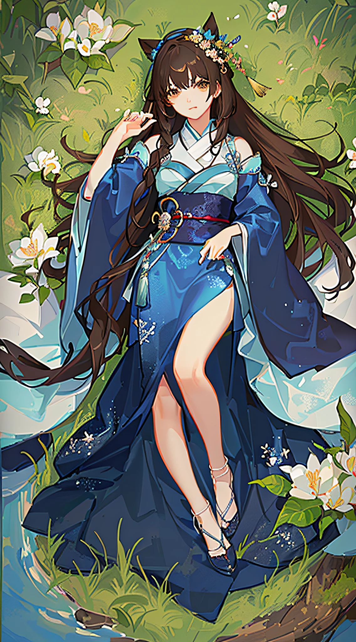 Kizi,full bodyesbian,(Face details:1.2),tmasterpiece,Fashionab,Hanfu,,mid hair,brunette color hair,dual horsetail,Qi bangs,Brown eyes,best qualtiy,ultra - detailed,16k