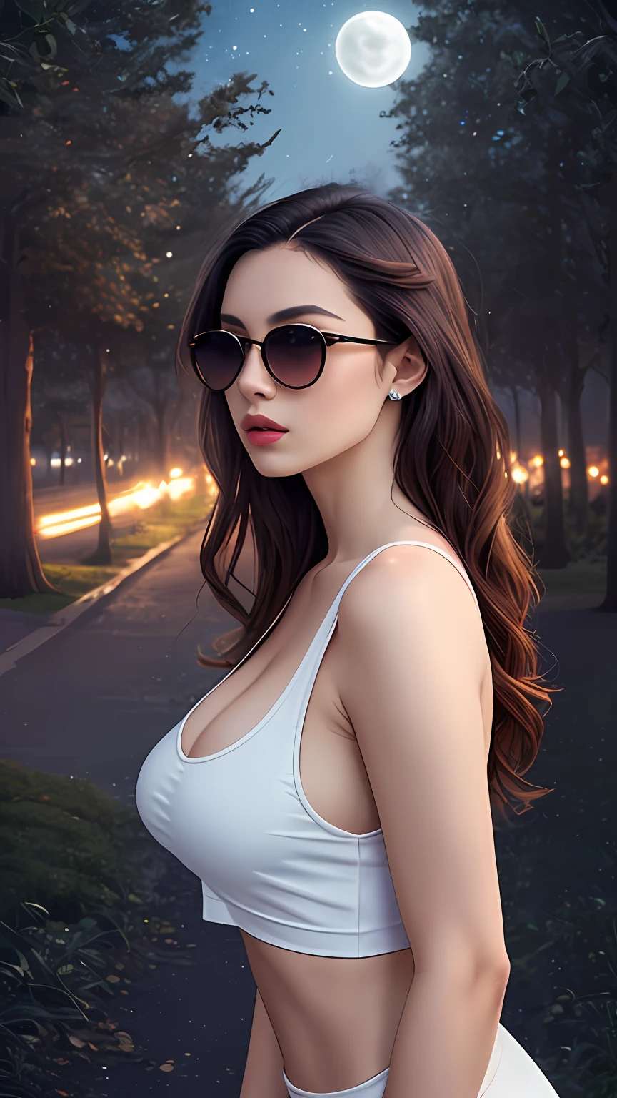 cleavage, a beautiful woman, from_above, close-up, crop top, detailed face,  capezzolo ritto tette grandiyellow bodycon tank top, hair, park, sky, trees, pale skin, moonlight, stars, 1girl, statement sunglasses, big breasts ,petite, vivid colors, bokeh background, subject for emphasis,dramatic colors , hyperealistic, masterpiece, best quality, nsfw