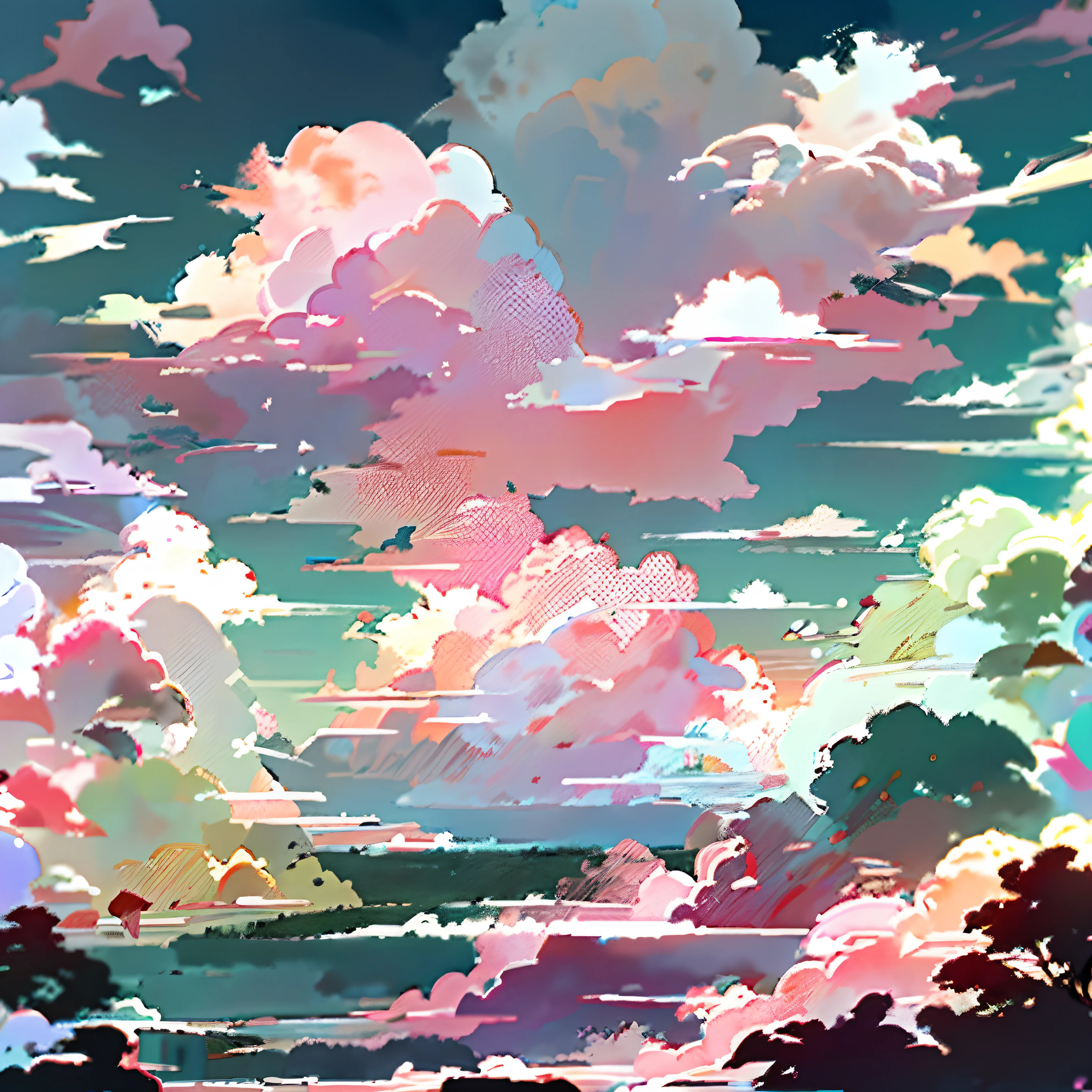 There are sunset paintings of clouds and airplanes，fluffy pink anime clouds，Detailed sky，Anime Sky，Pink sky，Pink clouds，Anime Cloud，Pink sunset，soft sky，the sky is pink，sunset illustration，pink sunset hue，Anime landscapes，Colorful sky，Sunset background，pastel sunset，Dawn background，Anime background art，anime backgrounds。