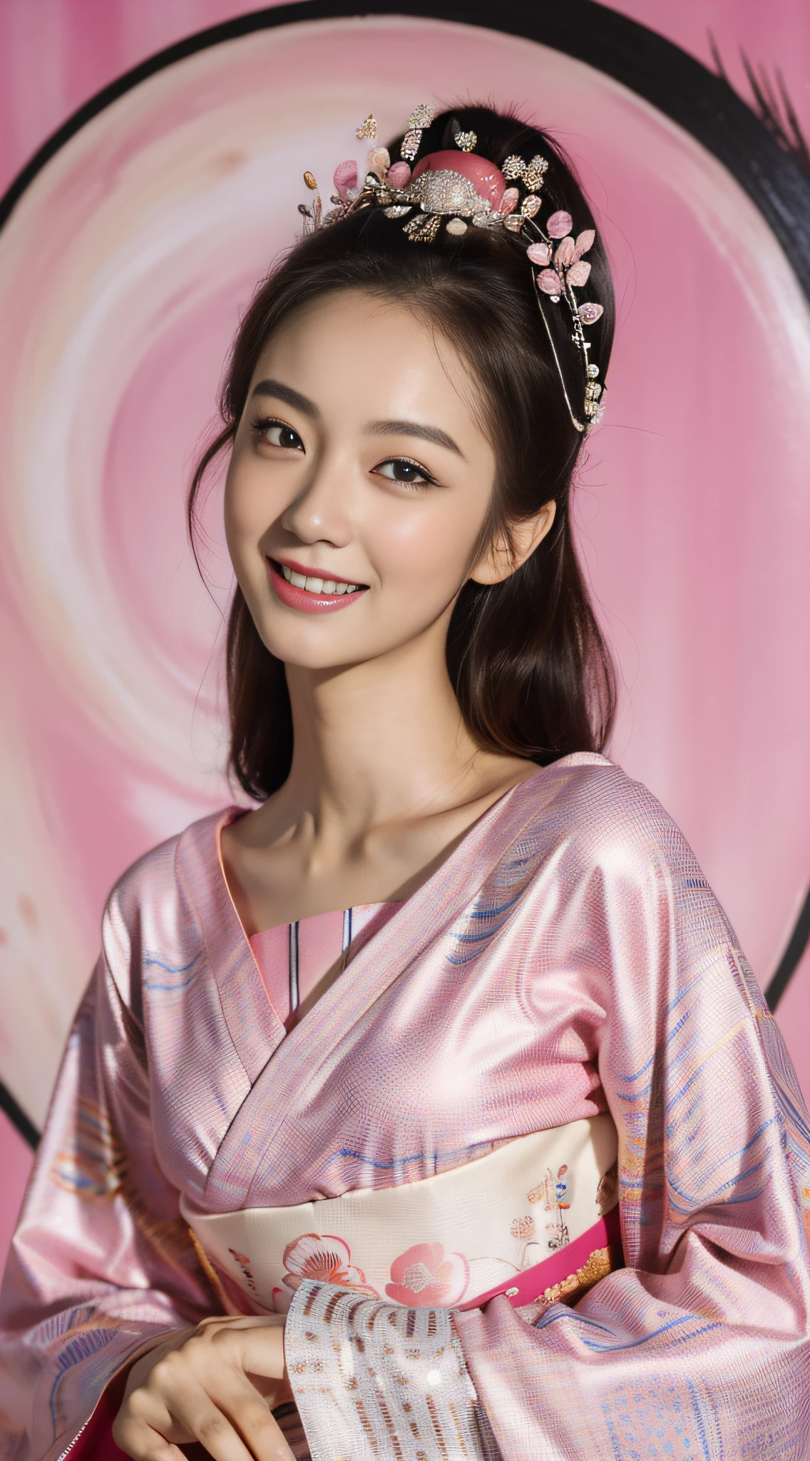 (masterpiece, top quality, best quality, ((standing in centre)), face front:1 (1girl, in the style of japan geisha portraiture, miss aniela, mixed patterns, ((close up:1, smile,)), pink background