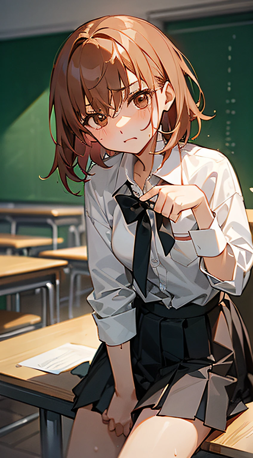 tmasterpiece, The highest quality, Misaka_mikoto, Brown eyes, watch audience, Solo、、, short_the hair、, Closed_bocchi, lapel_shirt、、, Behold the_Insert a into_peeping at the viewer, school_uniform, Camisa, blanche、_shirt、、, small_boobgasm、, Classrooms Beautiful feet sweat profusely Pushed down Wet body Shyness