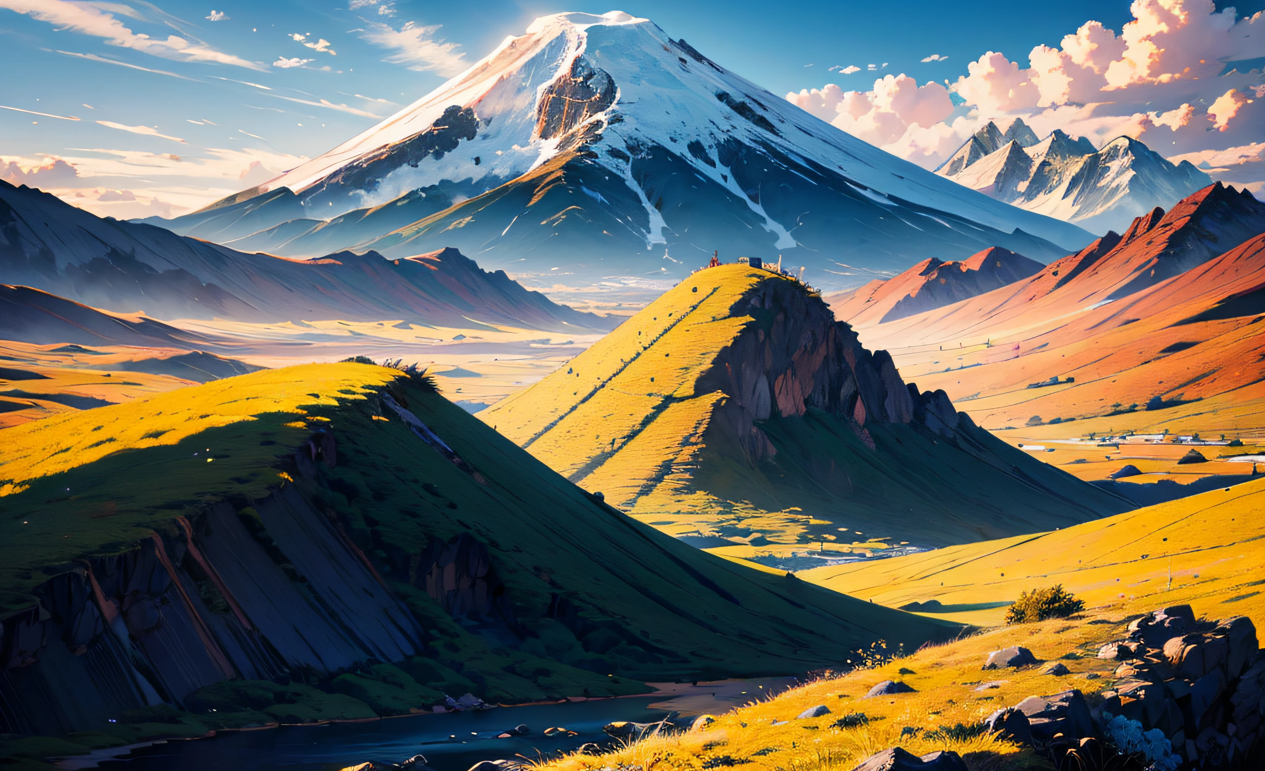 EXtparameters Sacred Andes, at Golden hour, Folded Energy, (masterpiece, top quality, best, official art, beautiful and aesthetic:1.2),