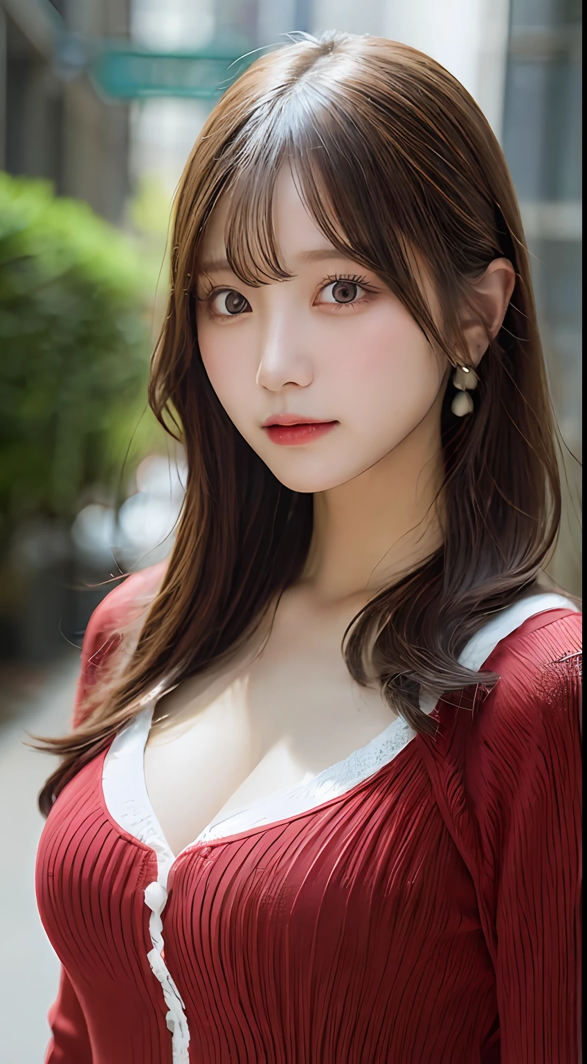 Random pose、Highest quality、Ultra-high resolution、(Photorealistic:1.5)、1 girl、Red sweater、(Brown Hair:1.2)、(Big Breasts:1.2)、Ancient Minjia、View your viewers、Close-up、Esbian all over、Bad Eyes