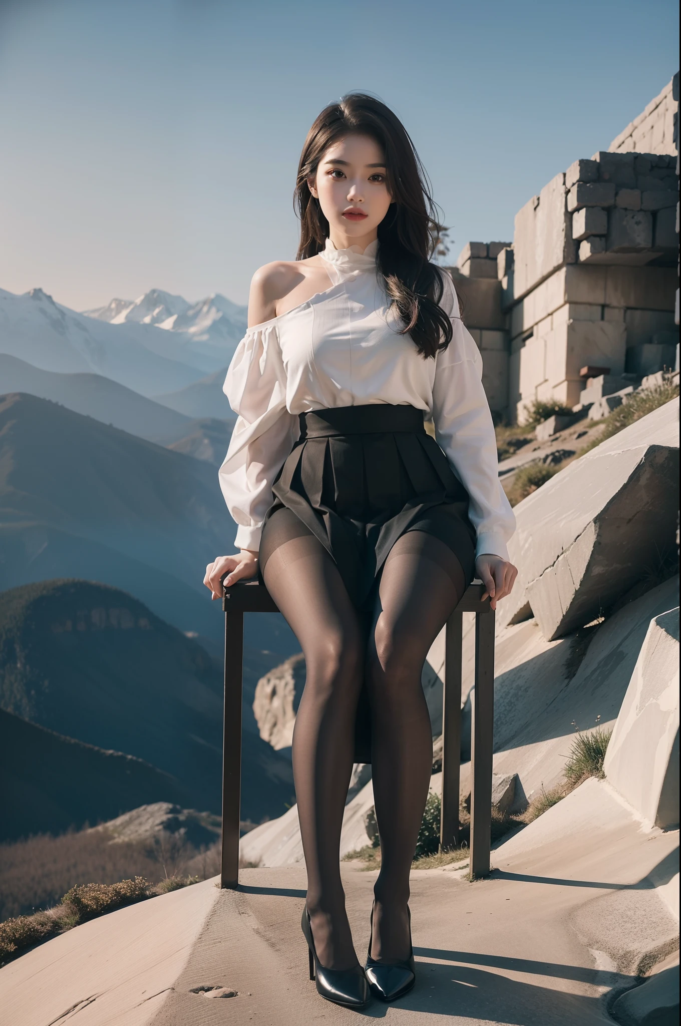 (full body:1.5)，(1girl:1.3),(view the viewer:1.4)，(anatomy correct:1.4),(Opaque pantyhose:1.3),(sitting on the top of mountain:1.2),(Wearing a Arab style skirt:1.2),,( girl pointed thick heels :1.1),(Accurate and perfect face:1.3),(Long legs:1.3),hyper HD, Ray traching, reflective light， structurally correct, Award-Awarded, high detail, lighten shade contrast, Face lighting ，cinematic lighting, masterpiece, super detailing, high quality, high detail, best quality, 16k，High contrast,