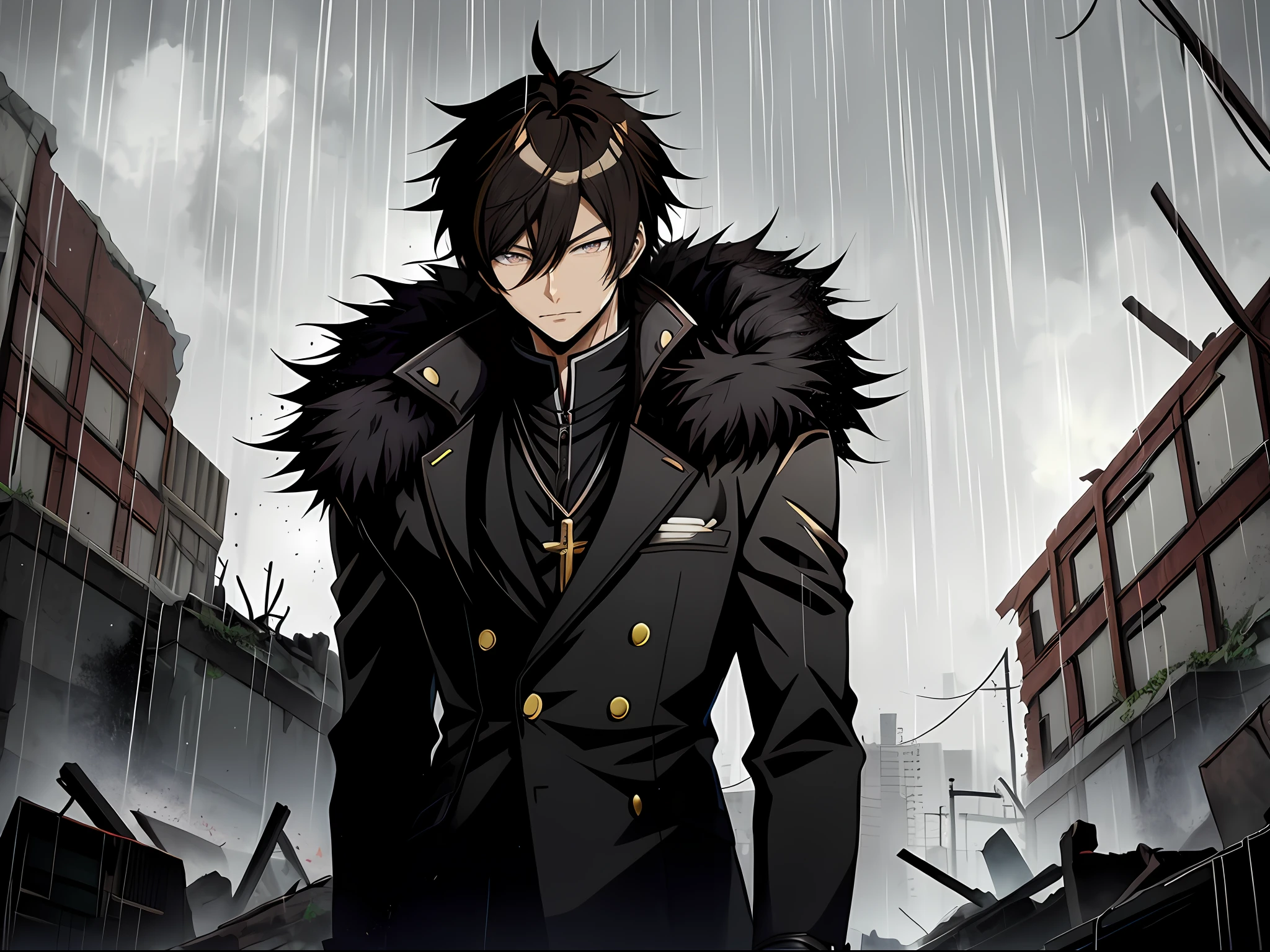 An anime person in a black fur coat standing in the ruins in the rain, brunette color hair,Black colored eyes,inspirado em Okumura Masanobu, nobutaka ike, Badass anime 8 K, Anime handsome man, Anime portrait of a handsome man, anime concept hdr anime macmanus, Key anime art, male anime character