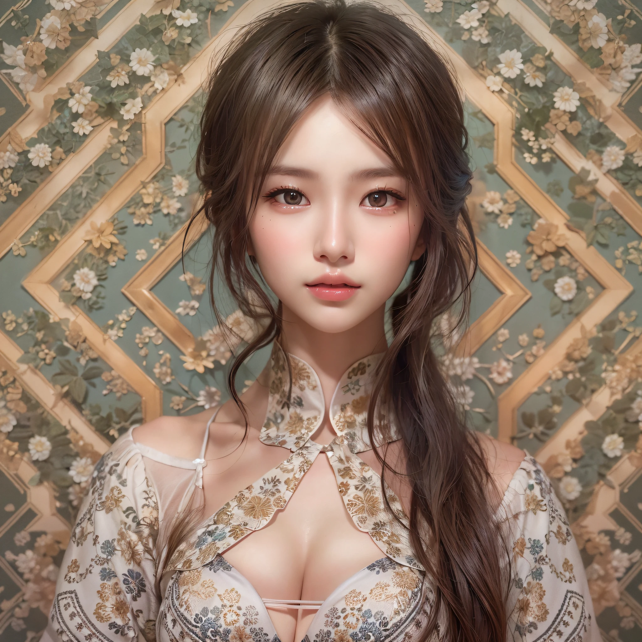 (Background, symmetrical, Compositions with coloful geometric arabesque patterns):1.3, (fullbody:1.3), (poneyTail, dark brown hair), (top-quality, Photorealsitic:1.4, masterpiece:1.3, RAW Photography:1.2, cinematric light, very detailed illustration), (1woman:1.3, solo), (asian girl, ultra delicate face, ultra Beautiful fece, ultra delicate eyes, ultra detailed nouse, ultra detailed mouth, ultra detailed facial features), petite woman, (white micro-bikini), (medium breast:1.3), from the front side, skiny, lipgloss, Show cleavage