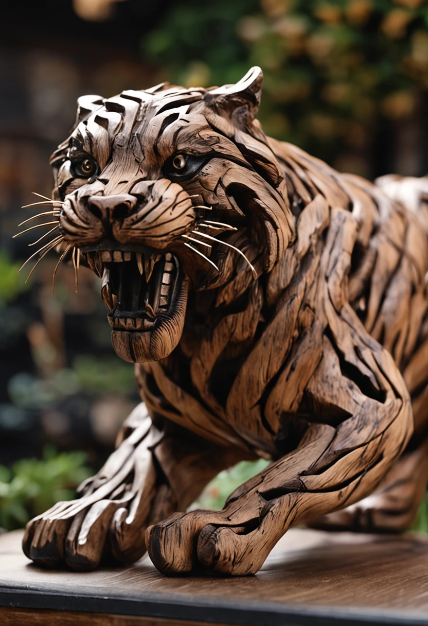 In the city of steel,Driftwood tiger sculpted from wood,A male tiger is showing the spirit of running。