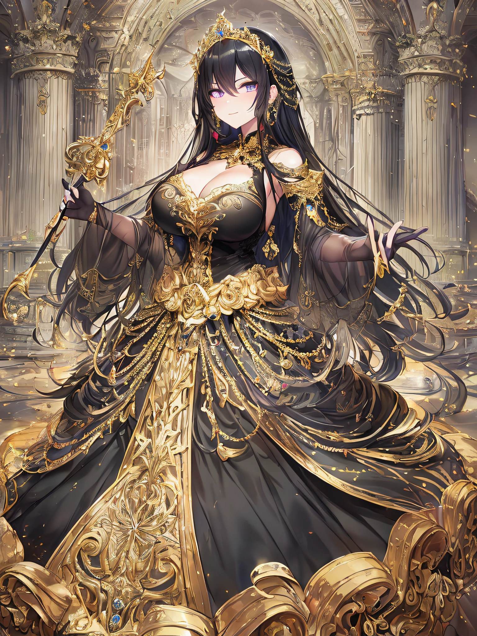 ((anime artstyle)),(Masterpiece),(Best Quality),(Super Detail),(Very Delicate and Beautiful),Solo,((full body)),((BlingBling)),((1 arrogant princess in beautiful embroidery black and gold gorgeous rococo ballgown with  voluminous full length hoop skirt)),((crinoline)),gorgeousfull embroidery,Long train((arrogant,haughty)),(((arrogant smile))),Sharp eyes,(holding a luxurious scepter),((gorgeous gemstone jewelry)),detailed face and eyes,jewel-like eyes,Purple eyes,(Bangs between eyes),((large amount of straight hair,extremely Long voluminous black Hair)),((gigantic tits,Long tits)),gorgeousfull embroidery,cleavage,extremely gorgeousfull hair ornament,(bling-bling extremely gorgeousfull jeweled tiara),gorgeous corsage,(Dynamic Angle),Looking at viewer,((full body)),((beautiful embroidery and glitter jeweled black and gold gorgeous rococo ballgown with voluminous full length hoop skirt))