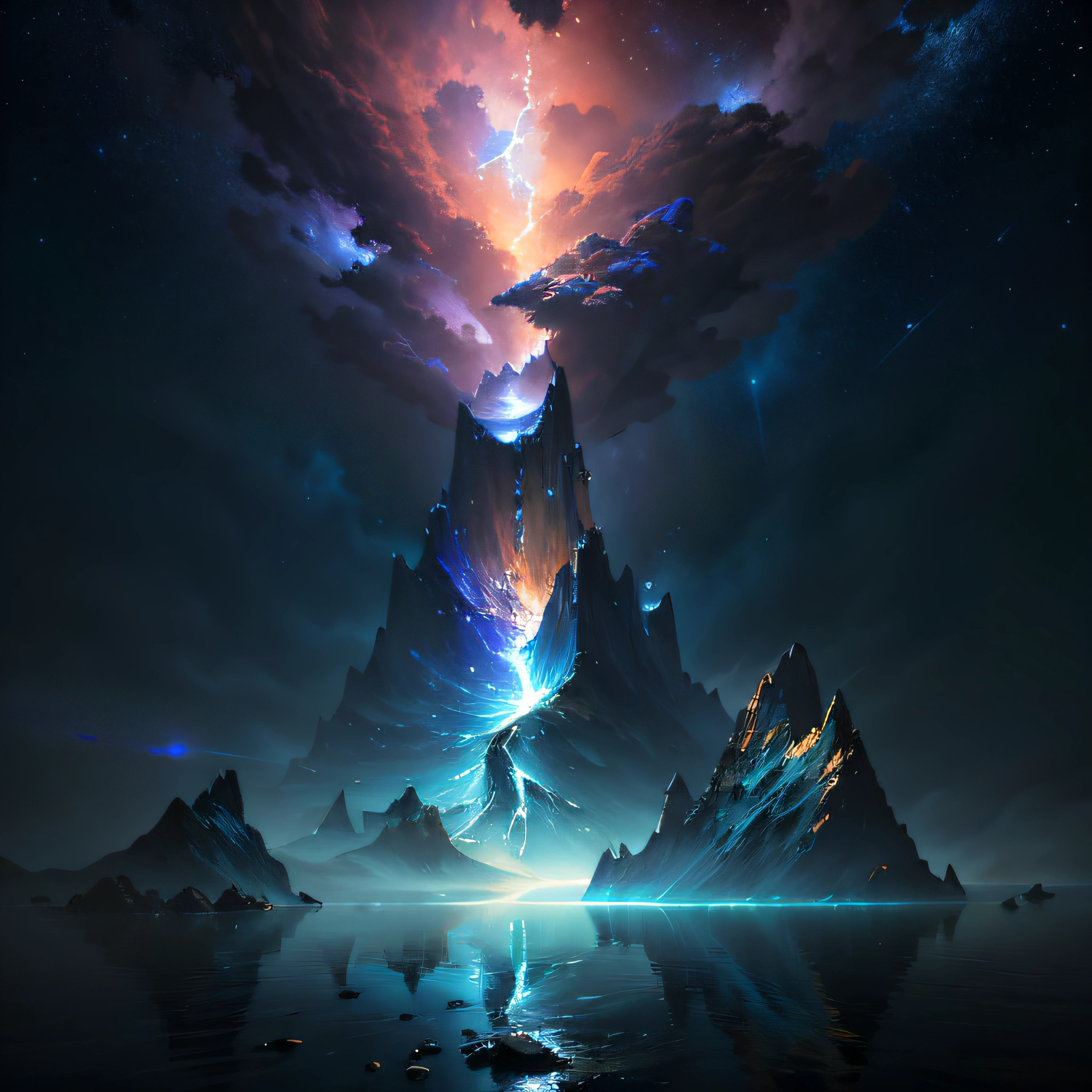 32K(tmasterpiece,k hd,hyper HD,32K),There is a personal back,looking at the stars,There was a bolt of lightning coming out of a mountain in the ocean, jessica rossier fantasy art, dramatic volumetric lightning, lightning fantasy magic, epic dreamlike fantasy landscape, Inspired by Christopher Balaskas, by jessica rossier, cinematic lightning and colors, inspired by jessica rossier, Volumetric lightning, stuning fantasy 3 d render, Cross-dimensional lightning