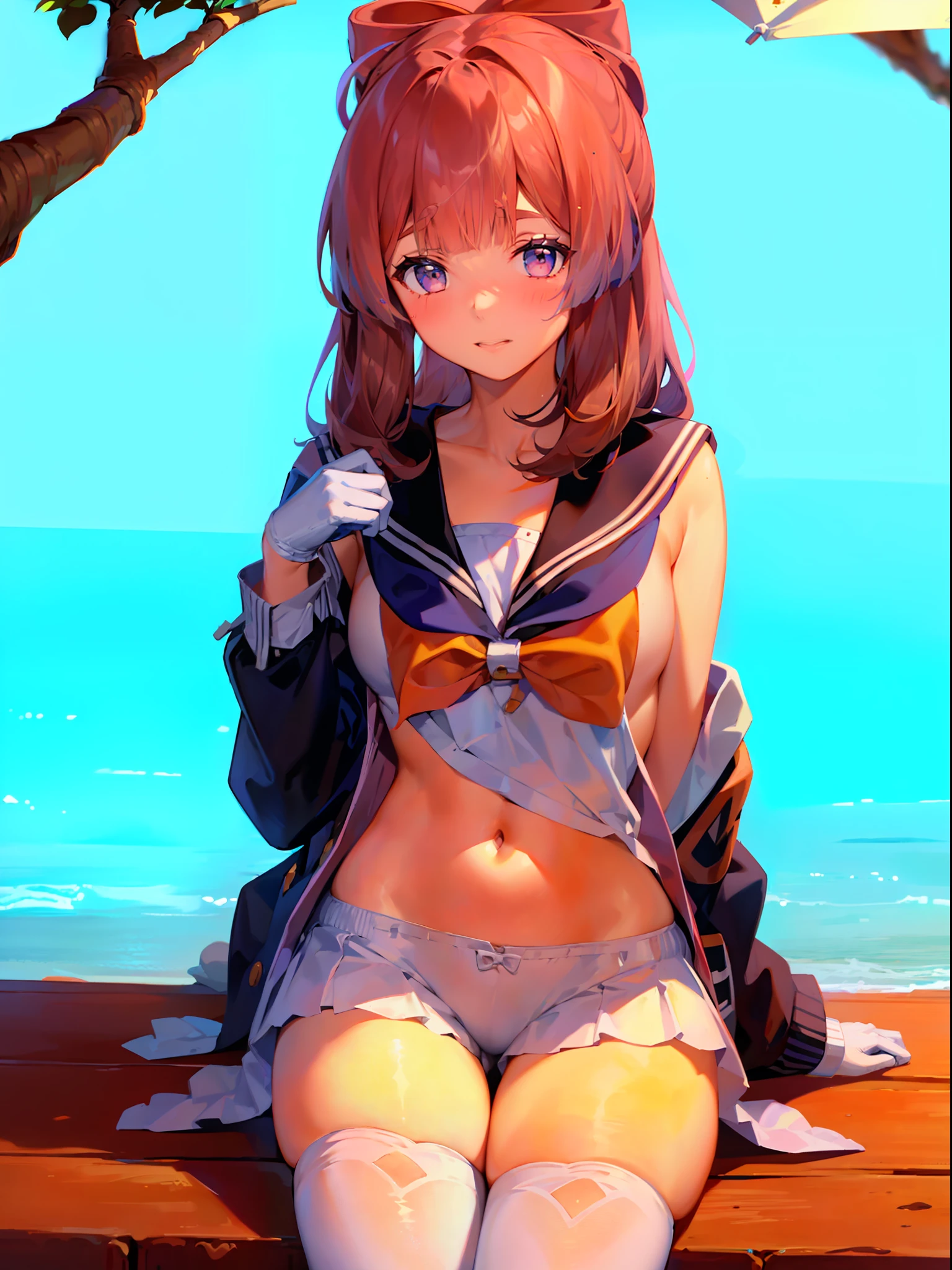 girl, Brown hair, Medium hair, Sailor suit, (Naked:1.1), (Blushing:1.0), Detailed face, Roadside, POV crouching,Expose the inside of your legs,
