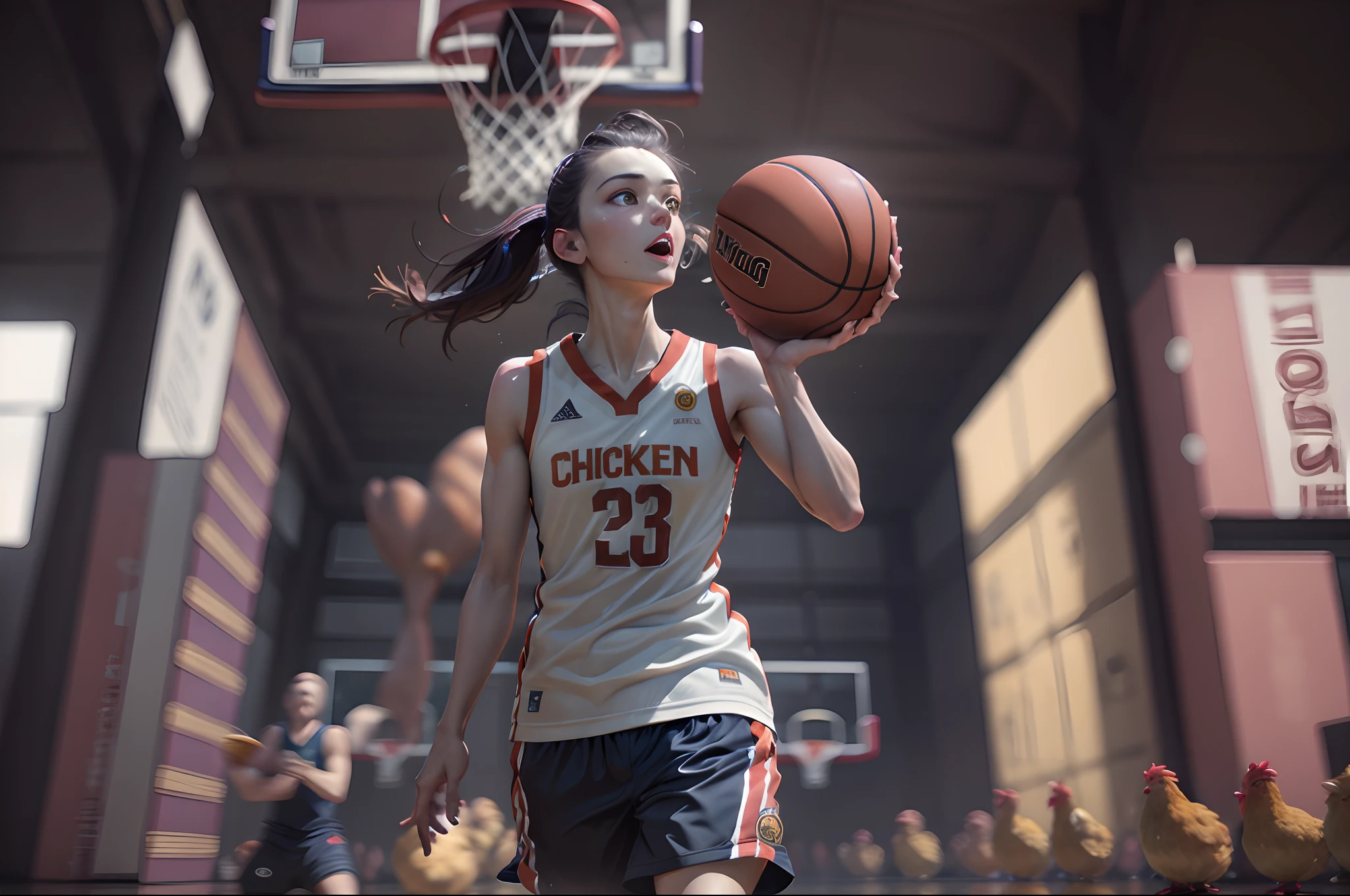 Chicken playing basketball