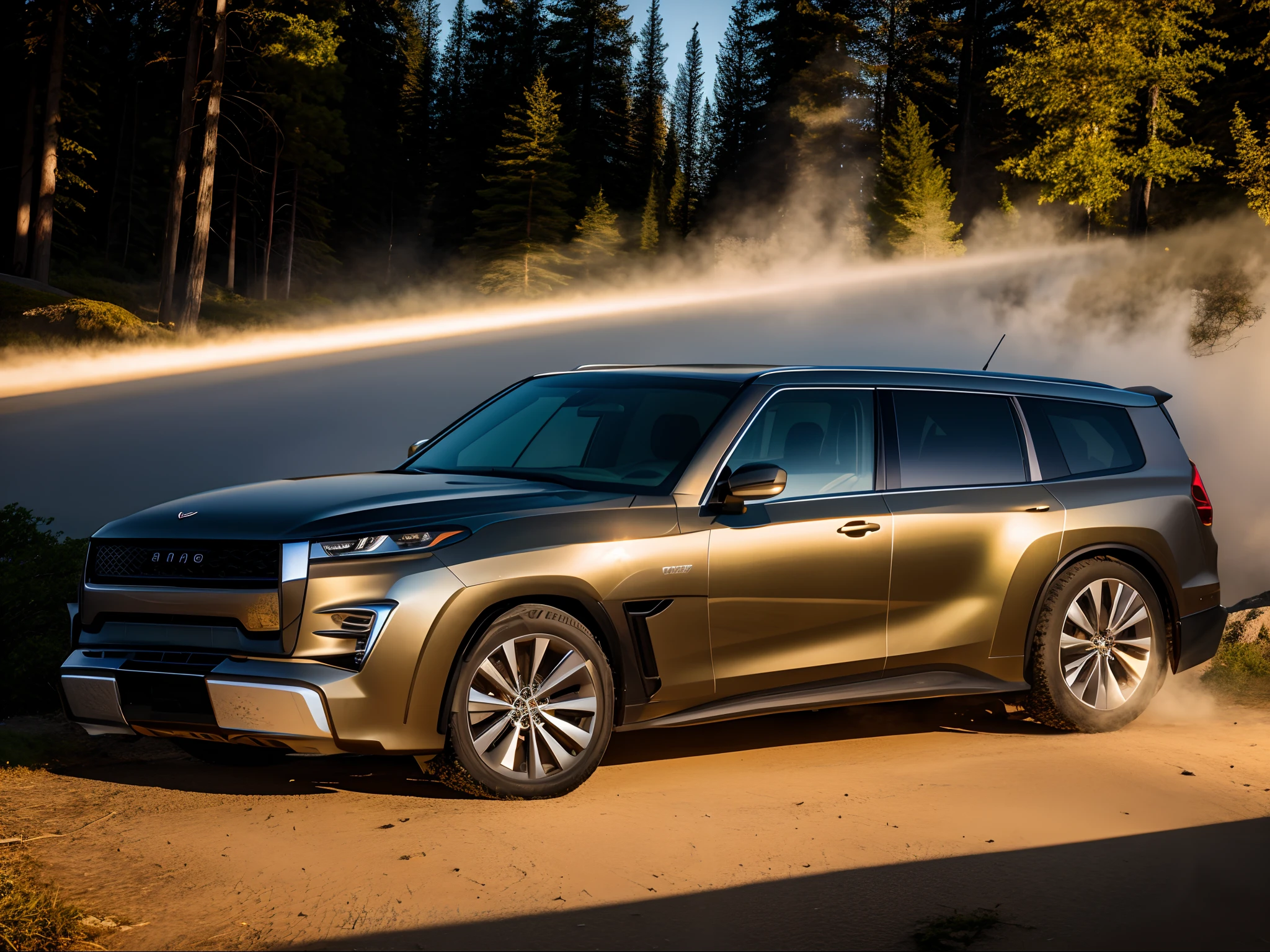 SUV,All-in-one medium grid, tmasterpiece, Best quality at best, high qulity, realistic scene, A high resolution, Sharp, on focus, 4K, Very detailed, Ray traching, Shadow dynamics, Light dynamics, forest backgrou,Excellent image quality,The body line is tough。Straight waistline。