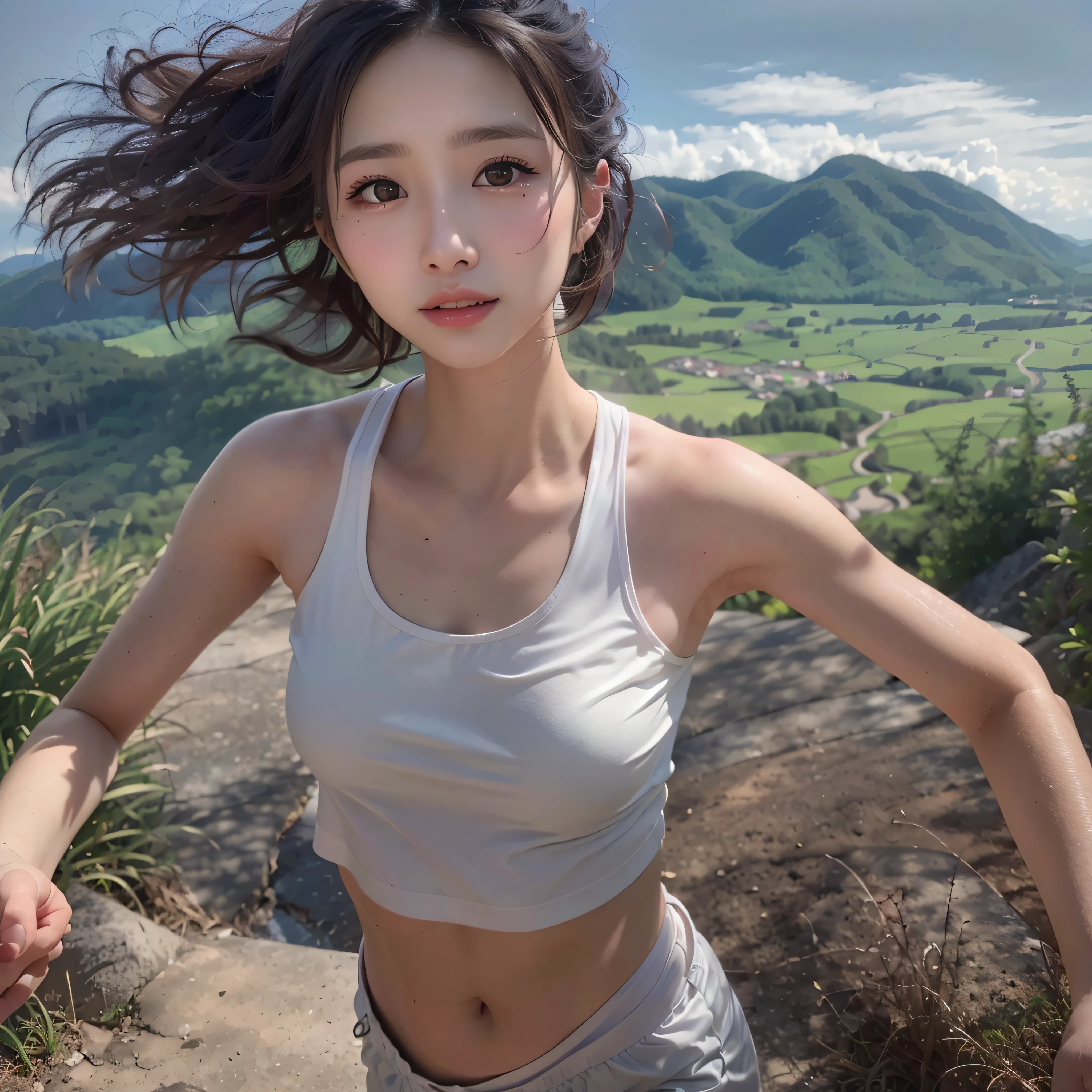 1 Girl: 1.3, Solo, 8K, Mountain Landscape, Woman Running On A Dirt Path, In Nature, Shot from a Short Distance, Watching the Viewer, (Masterpiece), (Best Quality), High Resolution, (Photorealistic: 1.2), (50mm Sigma f/1.4 Zeiss Lens, f1.4, 1/800s, ISO 100, Photo: 1.1), Ultra Detailed, Physically Based Rendering, Pretty woman of 20 years old, (very detailed face: 1.9), Japan person, small face, looking ahead, fine hands, contents, middle breast, middle waist, smile, black hair, (fine lips, lip gloss: 1.3), so much sweat, shiny skin, (white, long t-shirt: 1.5): 0.2, black running shorts, focus on face