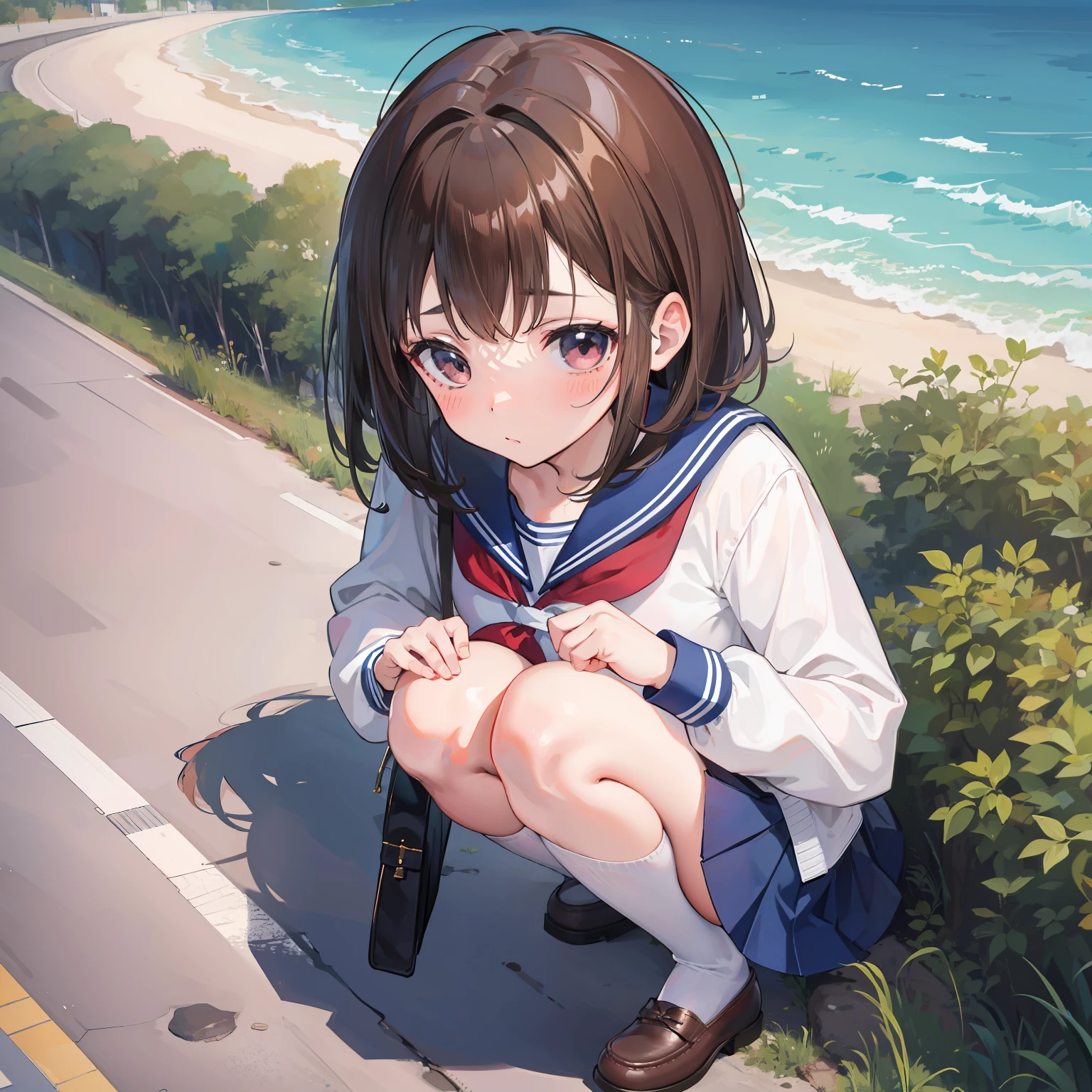 girl, Brown hair, Medium hair, Sailor suit, (Naked:1.1), (Blushing:1.0), Detailed face, Roadside, POV crouching,Expose the inside of your legs,