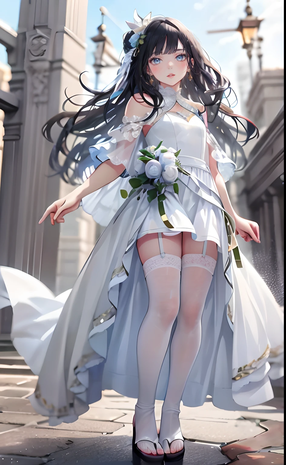 meticulous portrayal of face,1. Mature women,White dress long dress,(white stockings+),Flat sandals for women,(White stocking feet),light blue long hair,Station background, Perfect body, s the perfect face, perfect hand, Perfect Finger, Perfect lips, perfect eyes, Perfect background