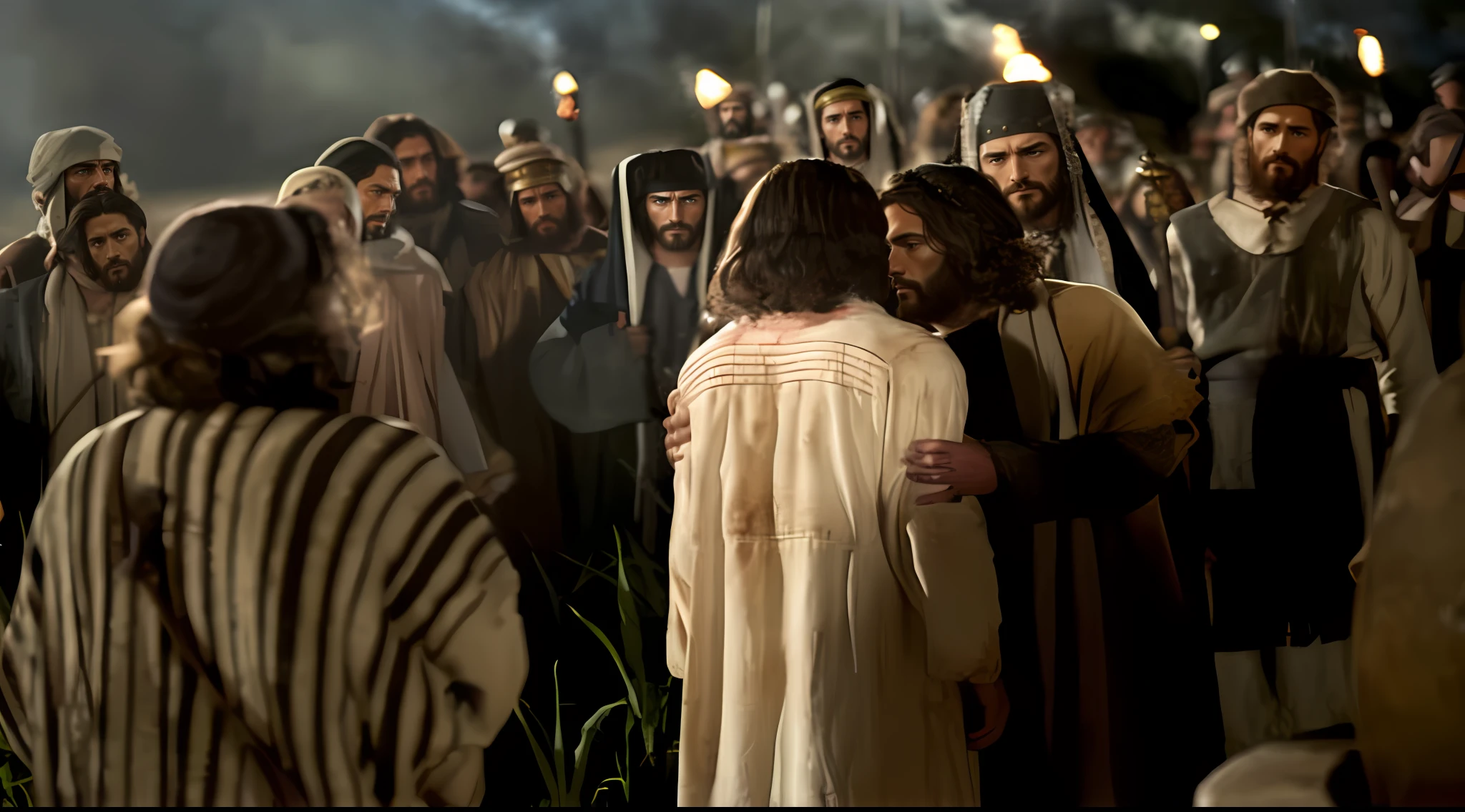 jesus christ being arrested by roman soldiers Freedom Fighter, full body, realistic skin, textured skin, candid photoshoot, professional, photography, shot on 35mm lens, photorealistic, white balance, Pro Photo RGB, professional processing, incredibly detailed , ultra-detailed, intricate details, super-detailed, environment