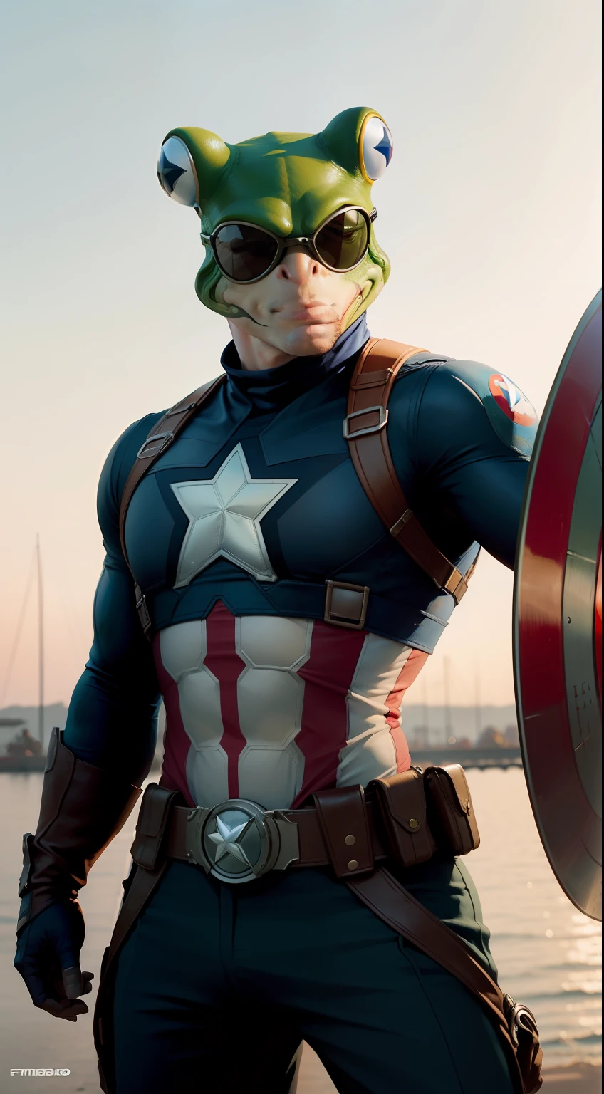 "A funny depiction of a frog dressed as captain America,wearing sunglasses and posing like a human. High-definition with accurate facial and body details."