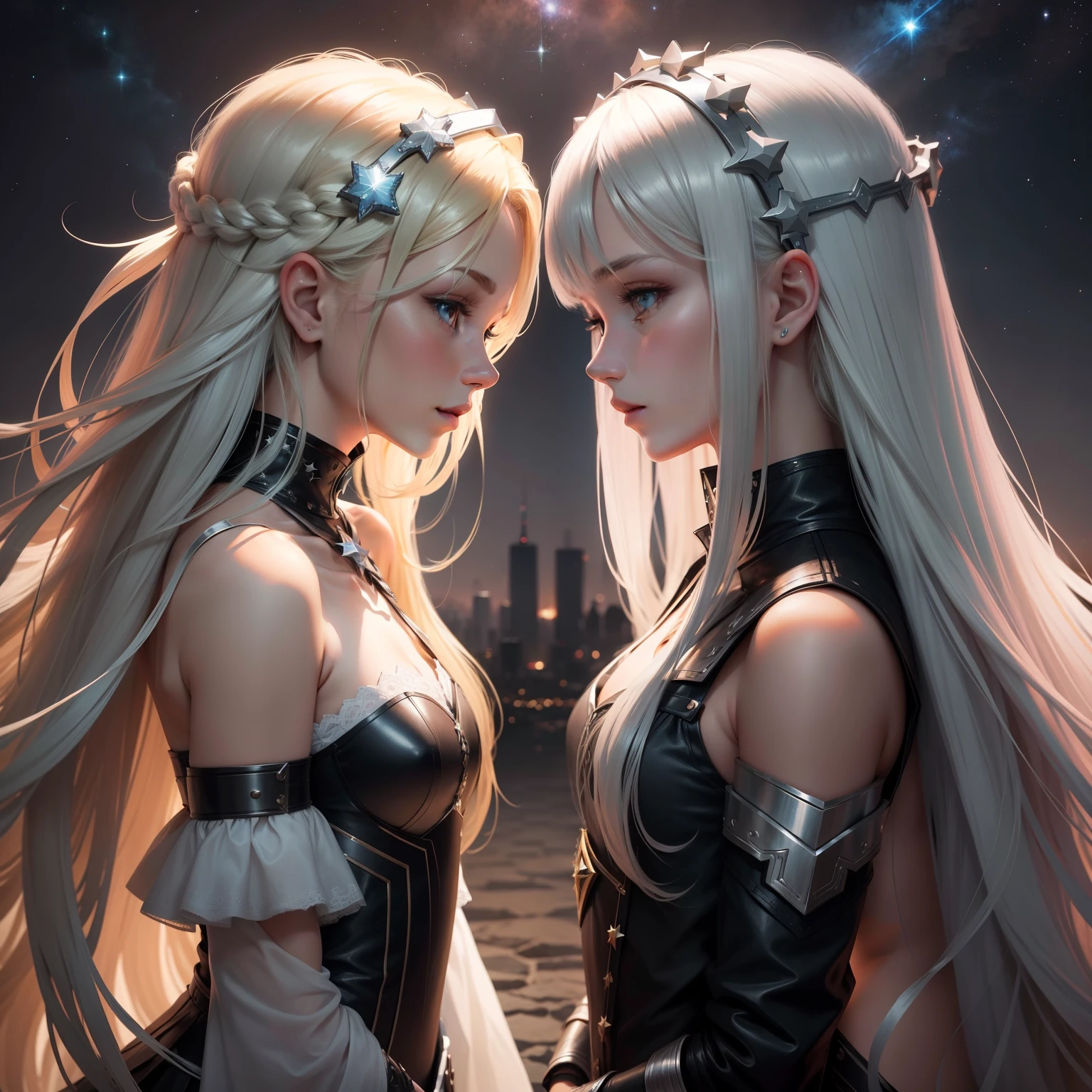 2 girls with long hair,Blonde and silver hair,Starskrim,Look at each other