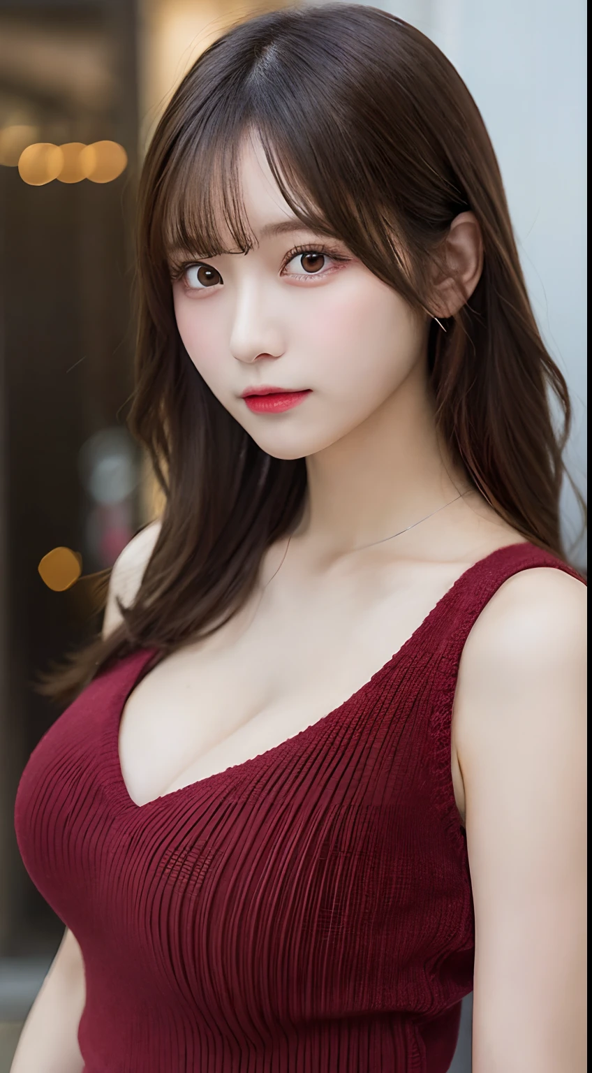 masutepiece, Best Quality, Illustration, Ultra-detailed, finely detail, hight resolution, 8K Wallpaper, Perfect dynamic composition, Beautiful detailed eyes, Natural Lip, Red knitted dress , Big breasts, cleavage