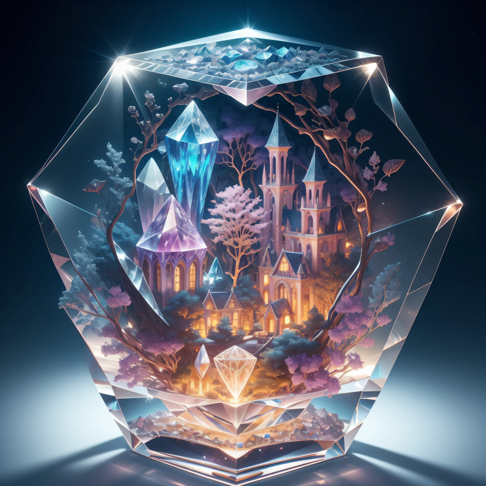breathtaking ultra detailed landscape inside a cute and lovely crystal cube decorated with climbing plant filigree, colorful, gemstones, 3d rendering, pastel, glowing, magic, fractals, jewelery, fantastic, dream like, precious, fantasy, symmetry, witchcraft, surrealism, natural lighting , cinematic, intricate, insanely detailed, global illumination