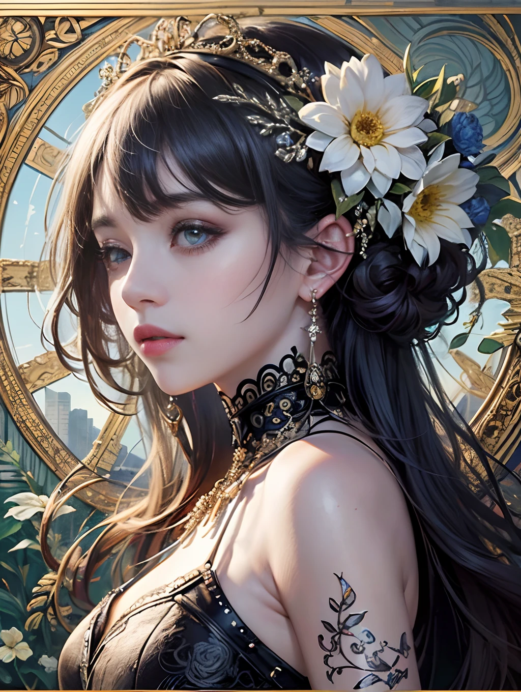 official art, unity 8k wallpaper, ultra detailed, beautiful and aesthetic, masterpiece, best quality, (zentangle, mandala, tangle, entangle), (fractal art:1.3) , 1girl, extremely detailed, dynamic angle, the most beautiful form of chaos, elegant, a brutalist designed, vivid colours, romanticism, by james jean, ross tran, francis bacon, michal mraz, adrian ghenie, petra cortright, gerhard richter, takato yamamoto, ashley wood, atmospheric, ecstasy of musical notes, streaming musical notes visible, flower effect , flower background , (water rainbows splash) , (ear wolf)