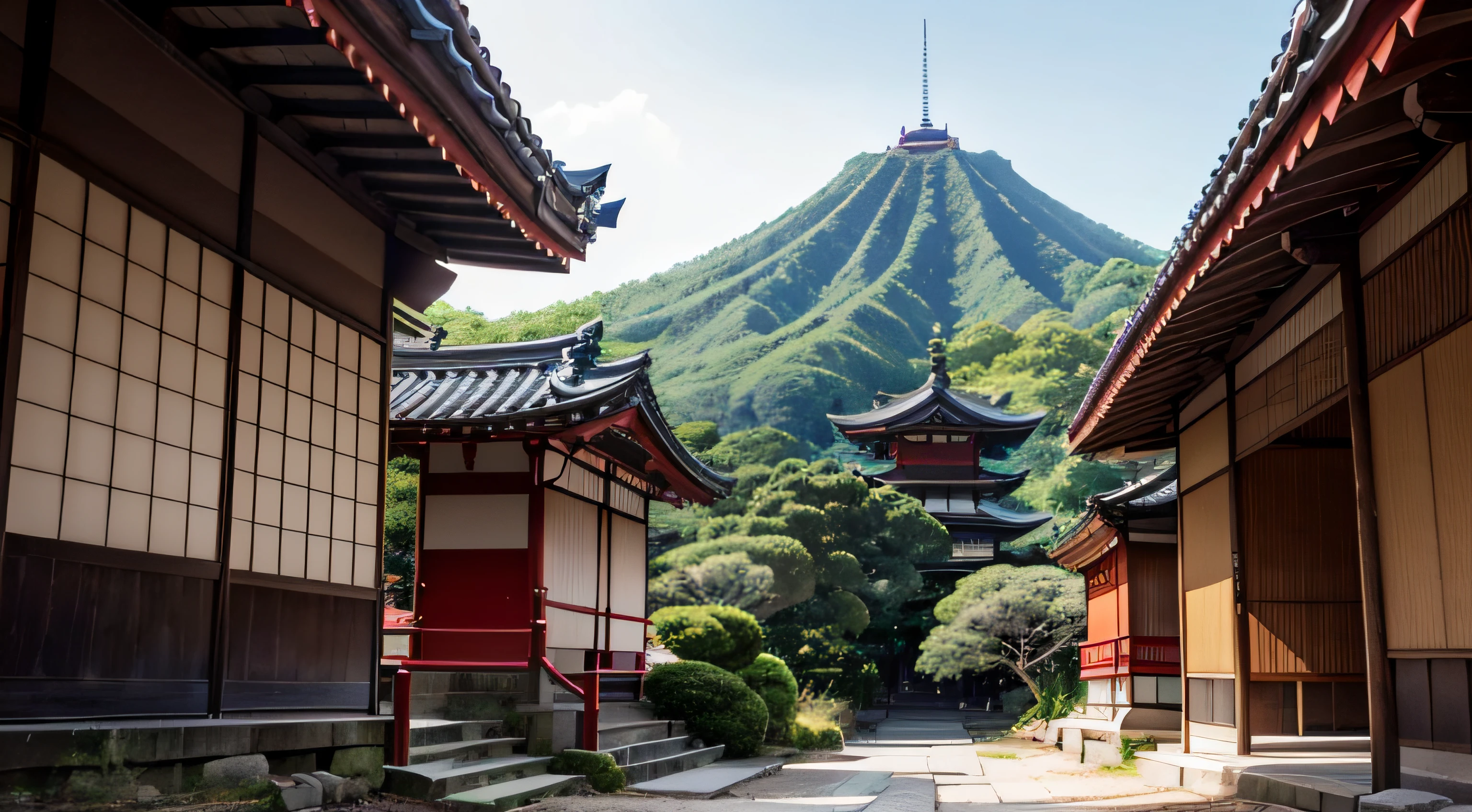 uma paisagem japonesa, com entradas de templo, e monte fugi