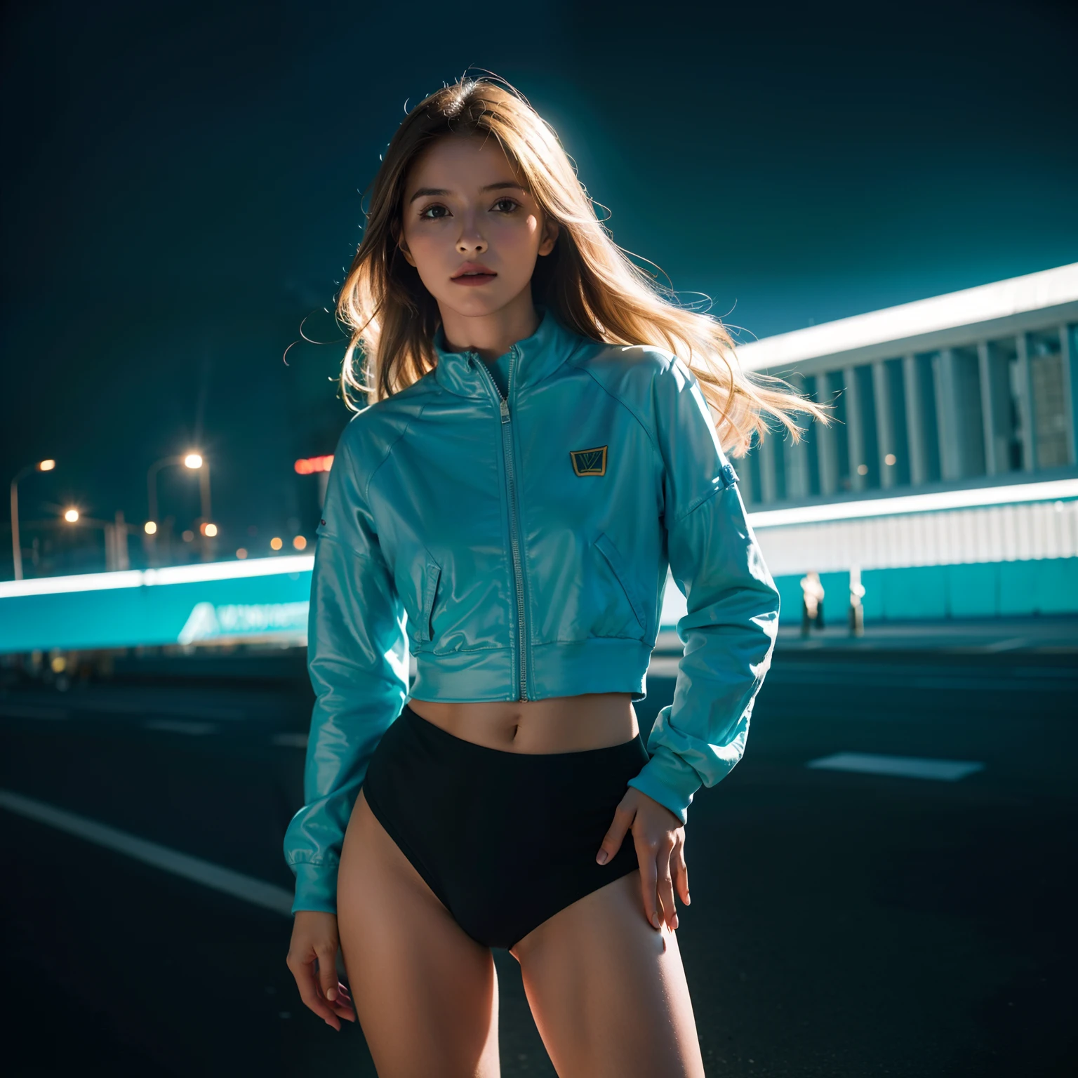 Mujer futurista de cuerpo completo, 25 years old, rubia tostada, de ojos azules, en un ambiente futurista, colores plateados verdes y celestes, imagen en 3D, resolucion 32K, gran angular, ultra detallado, volumetric illumination, Renderizado de octanaje, Efecto de vidrio roto. photographic style: Lente de 50 mm, apertura F2.5